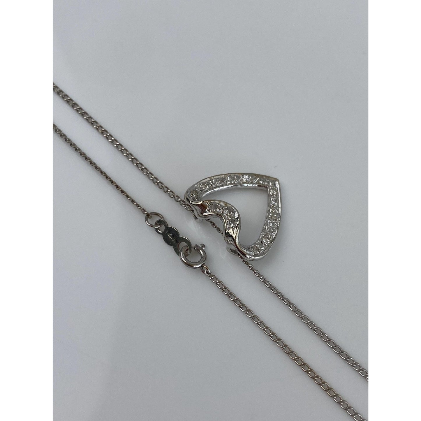 Vintage Solid 14k White Gold Diamond Heart Elongated Curb Chain Necklace - 16.75 inches