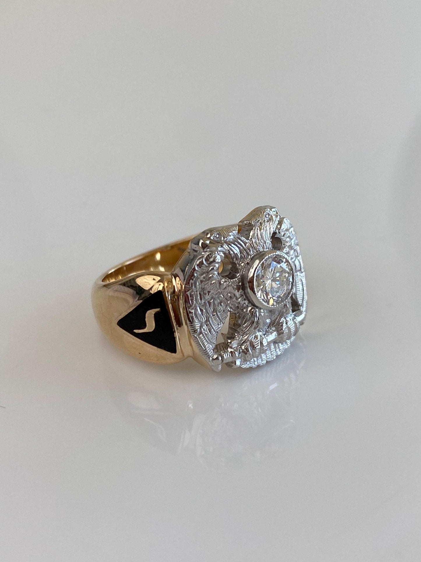 Vintage Solid Platinum & 14k Yellow Gold Enamel Diamond Double Headed Eagle Ring Band - Size 8.25