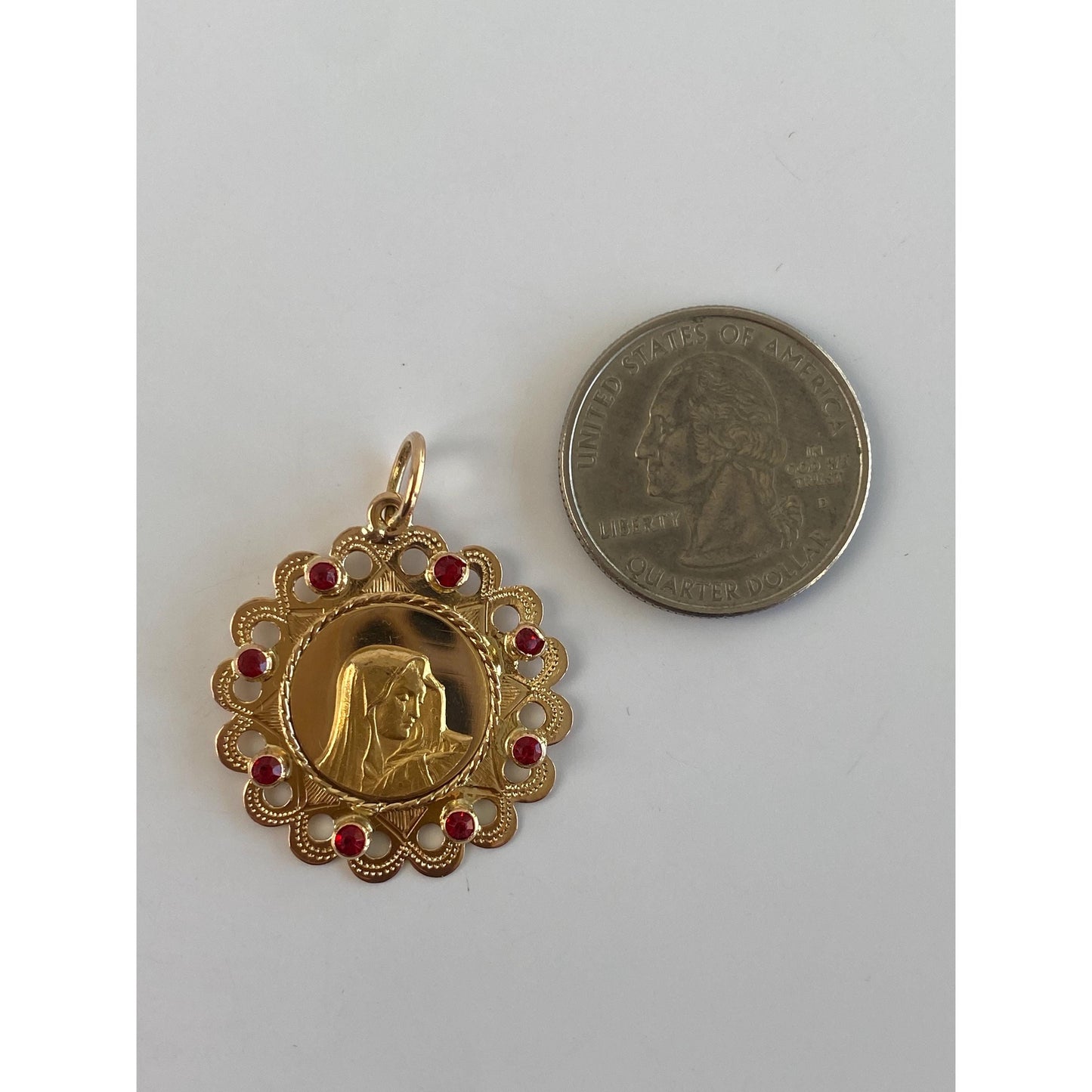 Vintage Solid 18k Yellow Gold Red Cubic Zirconia Virgin Mary Charm