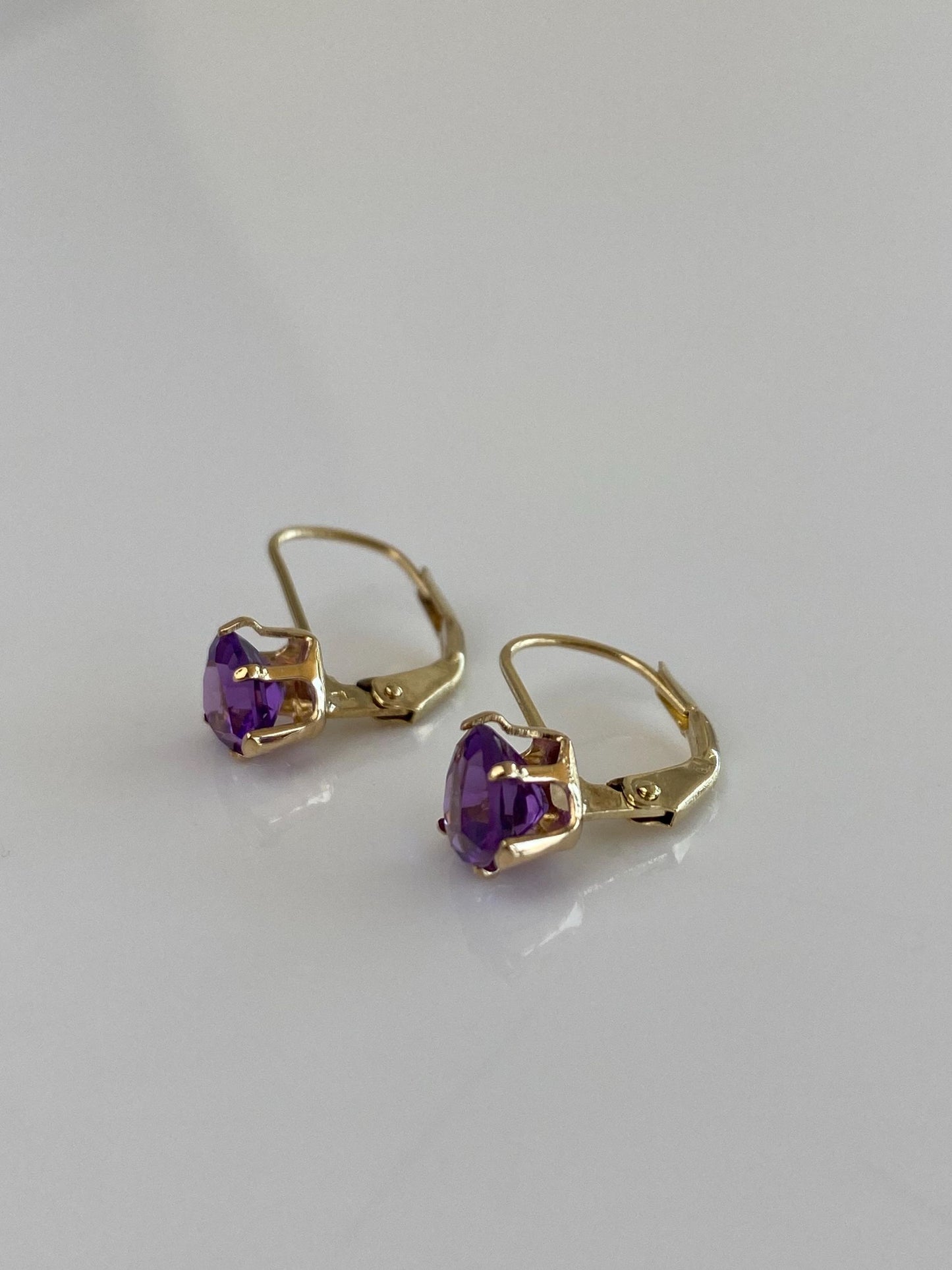 Vintage Solid 14k Yellow Gold Amethyst Heart Drop Earrings