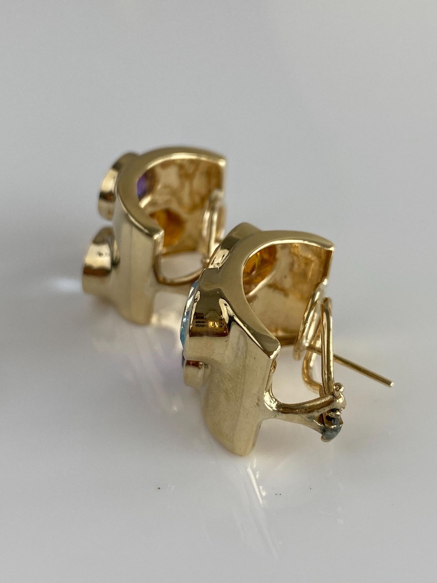 Vintage Solid 14k Yellow Gold Topaz Citrine Amethyst Chunky Drop Earrings