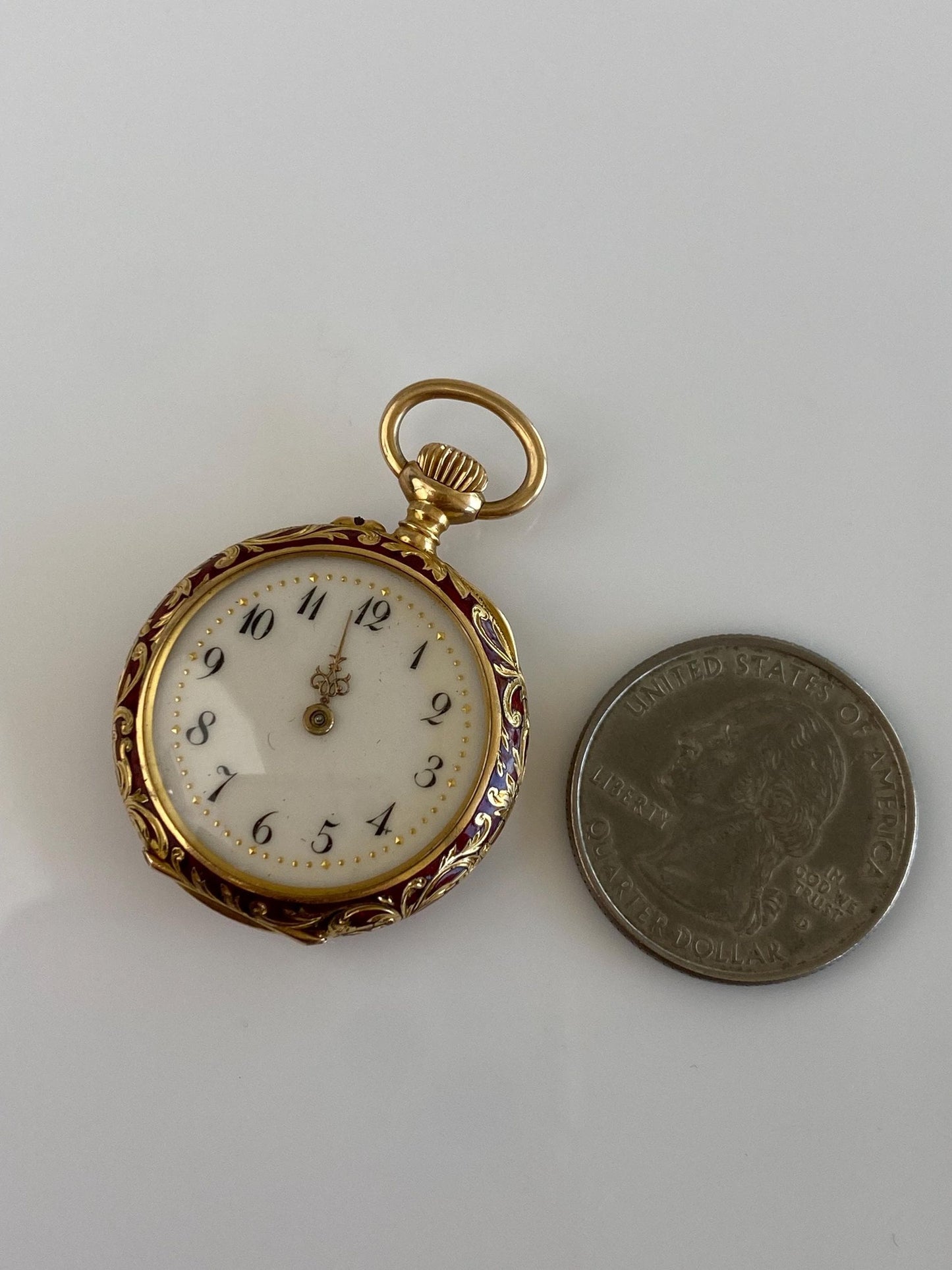 Schlesicky Solid 14k Yellow Gold Red Enamel Pocket Watch