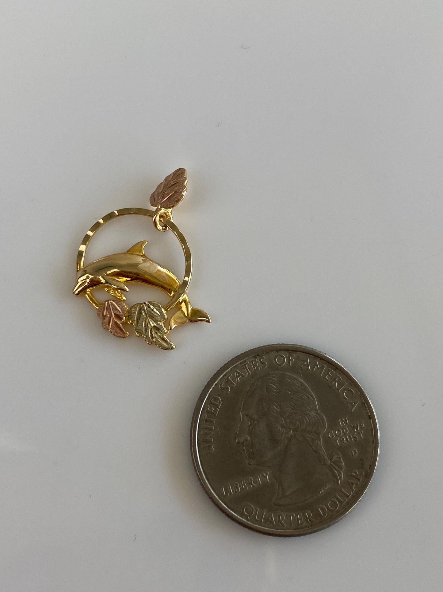 Vintage Solid 10k Black Hills Gold Diamond Cut Dolphin Leaves Charm