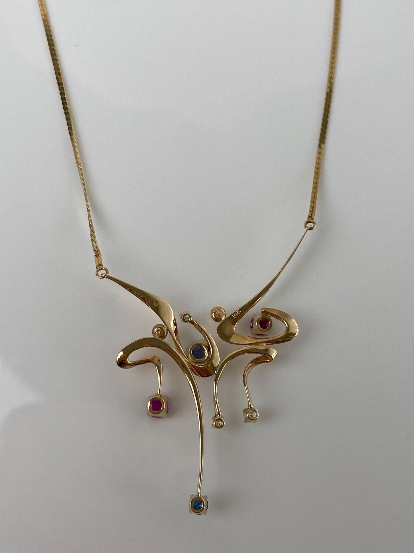 Vintage Solid 14k Yellow Gold Diamond Blue & Pink Sapphire Flat Chain Necklace - 19.75 inches