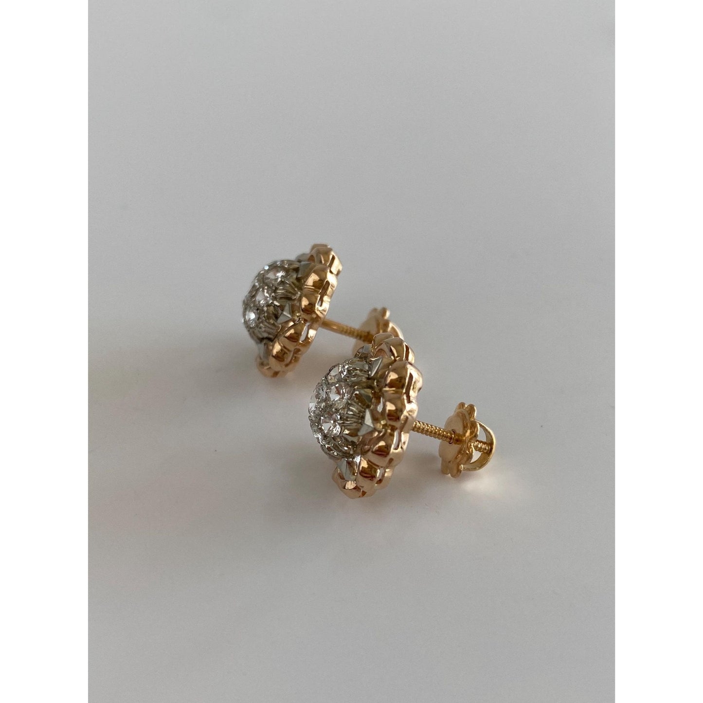 Solid 18k Rose & White Gold Clear Quartz Cluster Stud Earrings