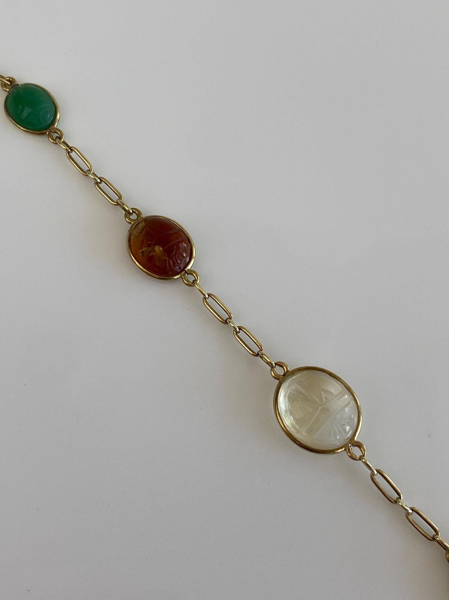 Vintage Solid 14k Yellow Gold Clear Spinel Green Chalcedony Carnelian Milky Quartz Citrine Carved Scarab Long Link Bracelet - 7.75 inches