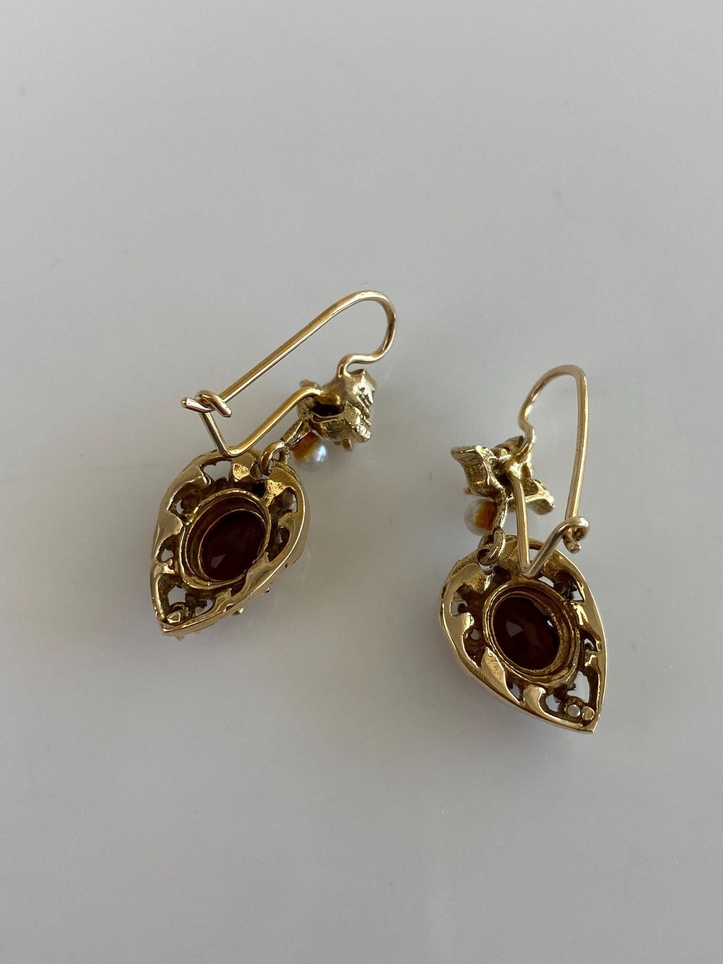 Vintage Solid 14k Yellow Gold Deep Red Cubic Zirconia Seed Pearls Ornate Heart Dangle Earrings