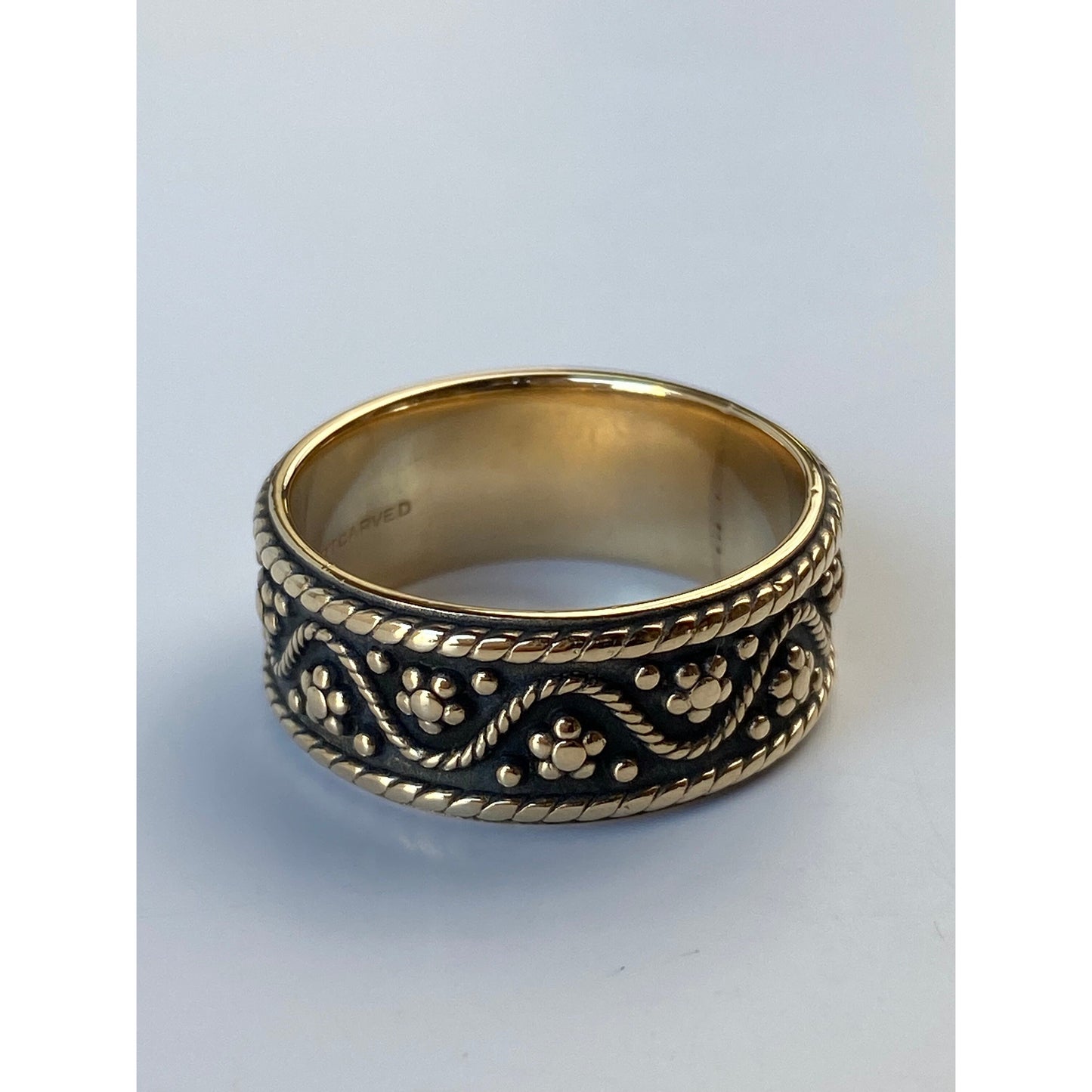 Vintage Solid 14k Yellow Gold Chunky Oxidized Designed Ring Band - Size 10