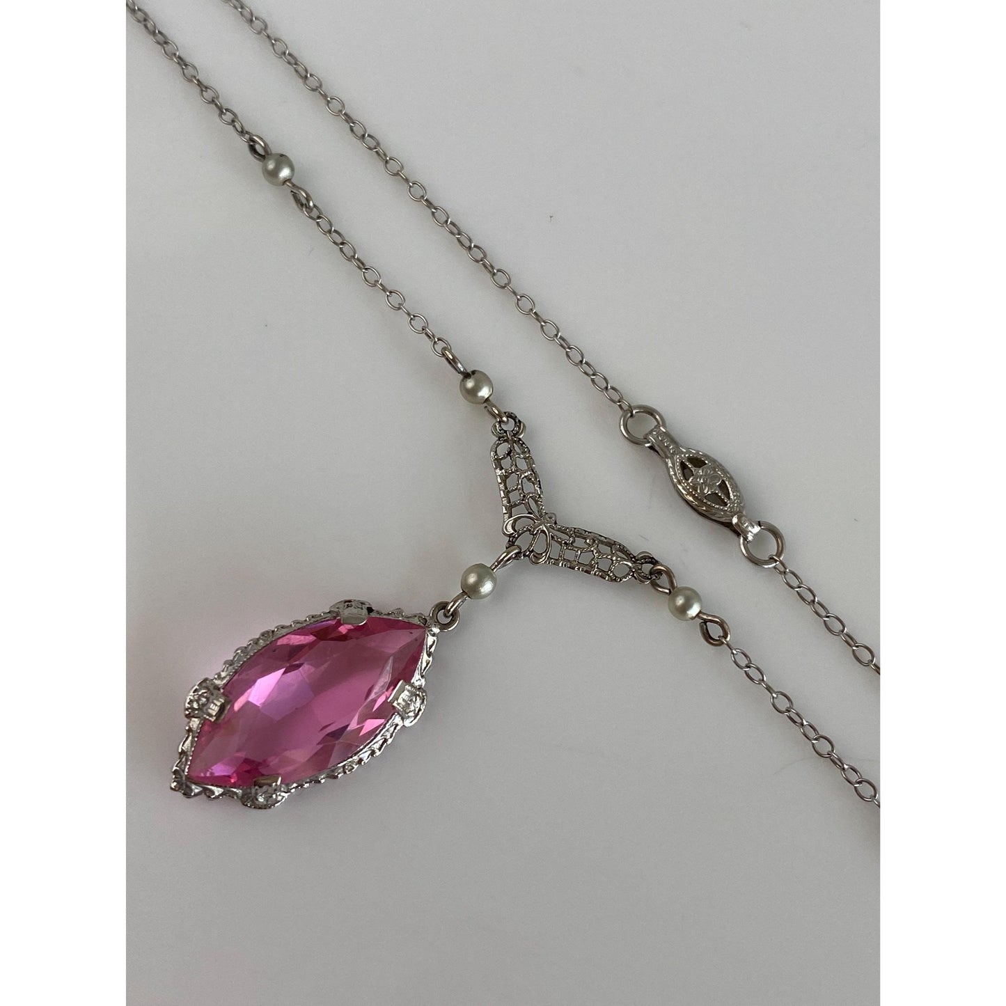 Vintage Solid 10k White Gold Pink Cubic Zirconia Pearls Cable Chain Necklace - 16.25 inches