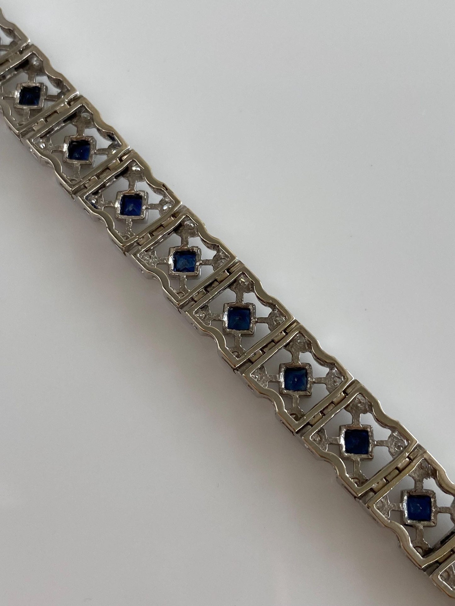 Vintage Solid 14k White Gold Diamond Blue Sapphire Open Work Link Bracelet - 7.25 Inches