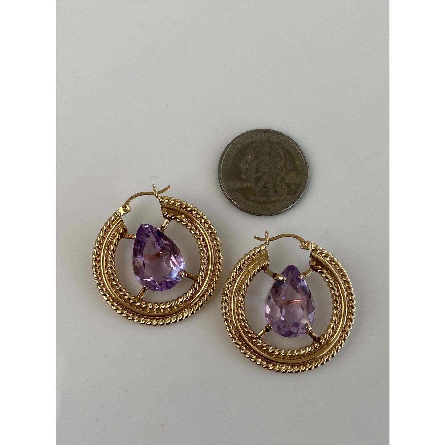 Vintage 14k Yellow Gold Amethyst Hoop Earrings