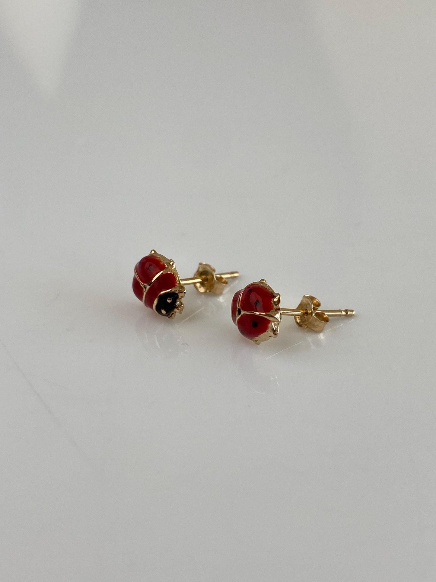 Vintage 14k Yellow Gold Enamel Ladybug Stud Earrings