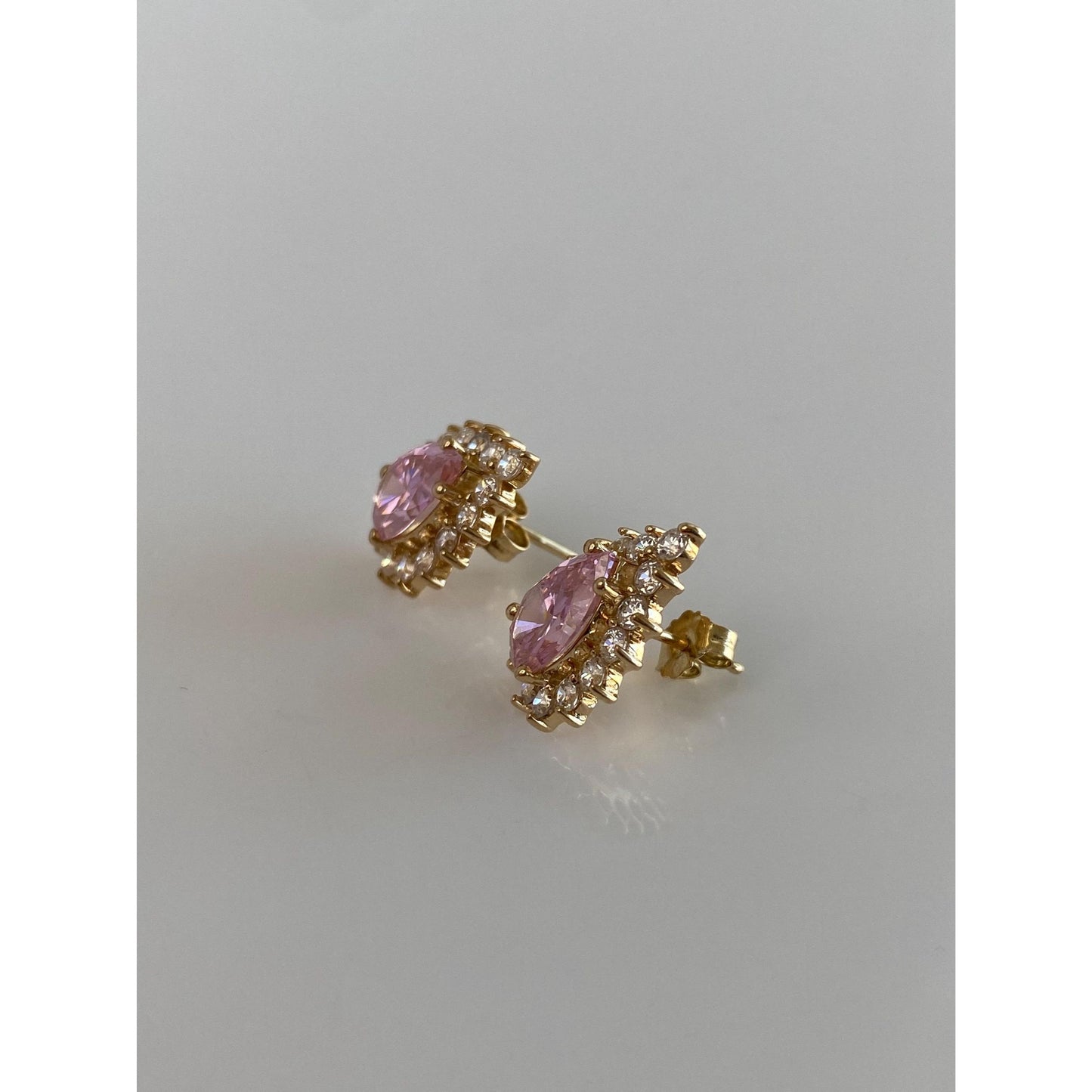 Vintage Solid 10k Yellow Gold Pink & Clear Cubic Zirconia Stud Earrings