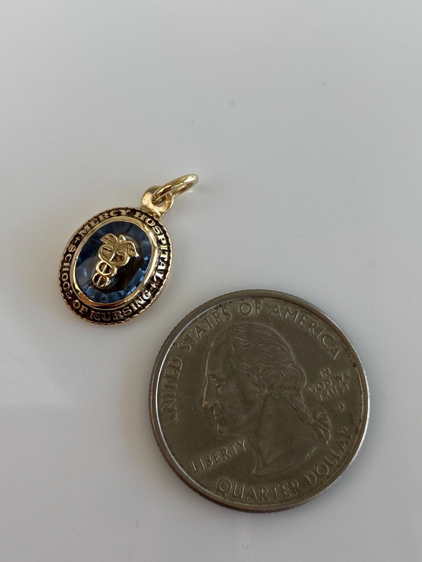 Vintage Solid 9k Yellow Gold Light Blue Spinel Mercy Hospital School of Nursing Charm