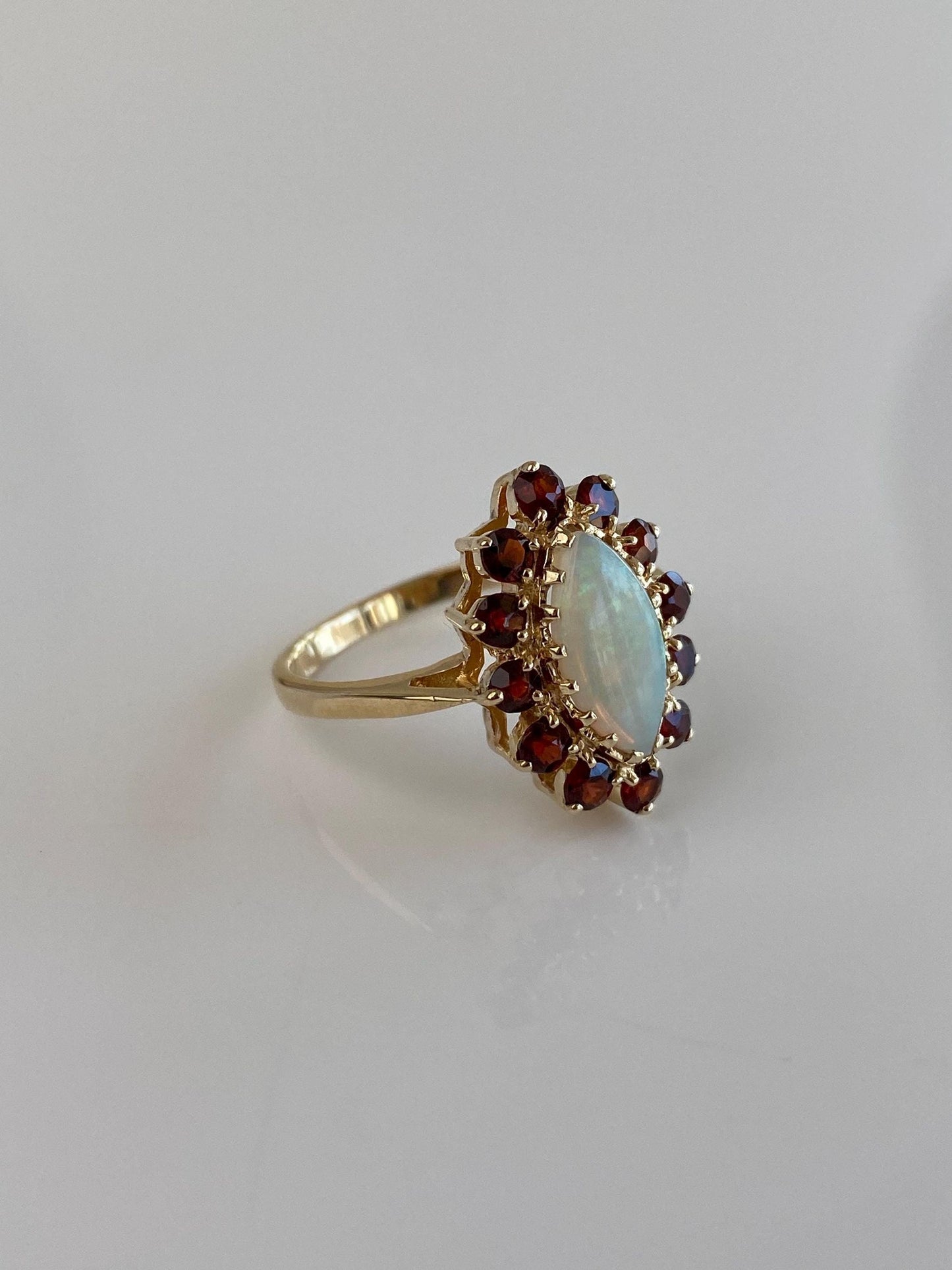 Vintage Solid 10k Yellow Gold Garnet Halo Marquis Opal Ring - Size 7.75