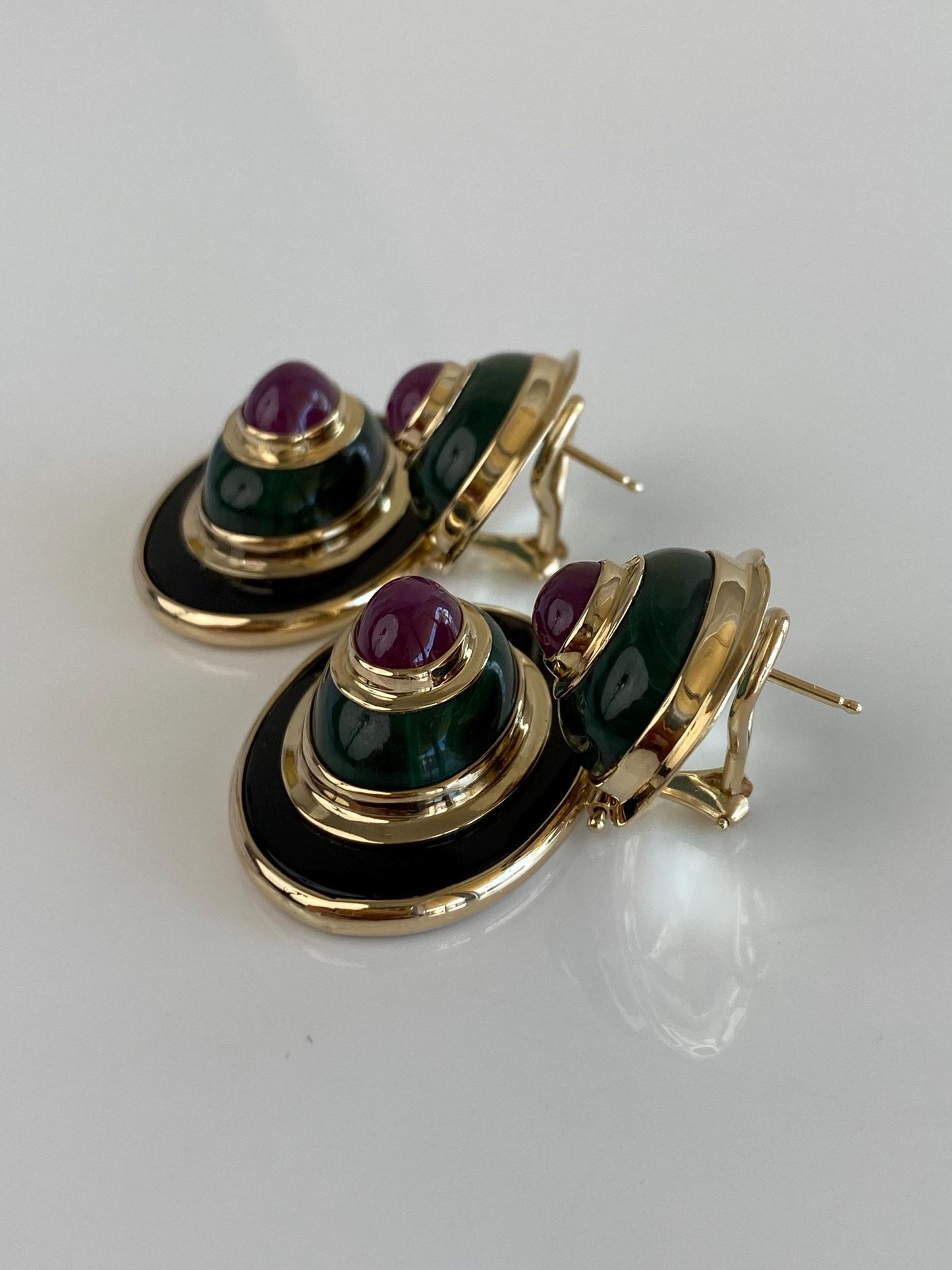 Vintage Solid 14k Yellow Gold Black Onyx Malachite Ruby Drop Earrings