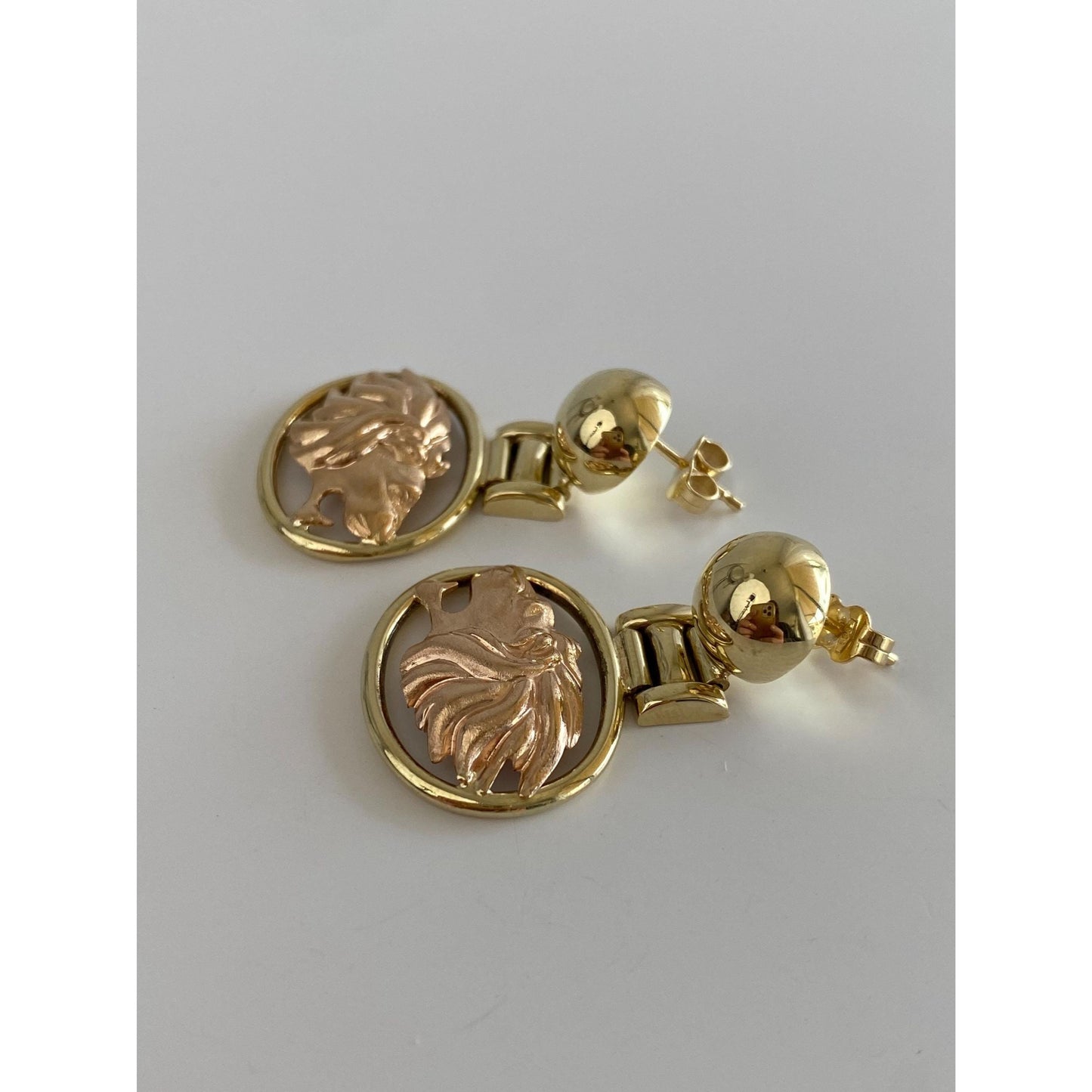Vintage Solid 14k Rose & Yellow Gold Lion Dangle Stud Earrings