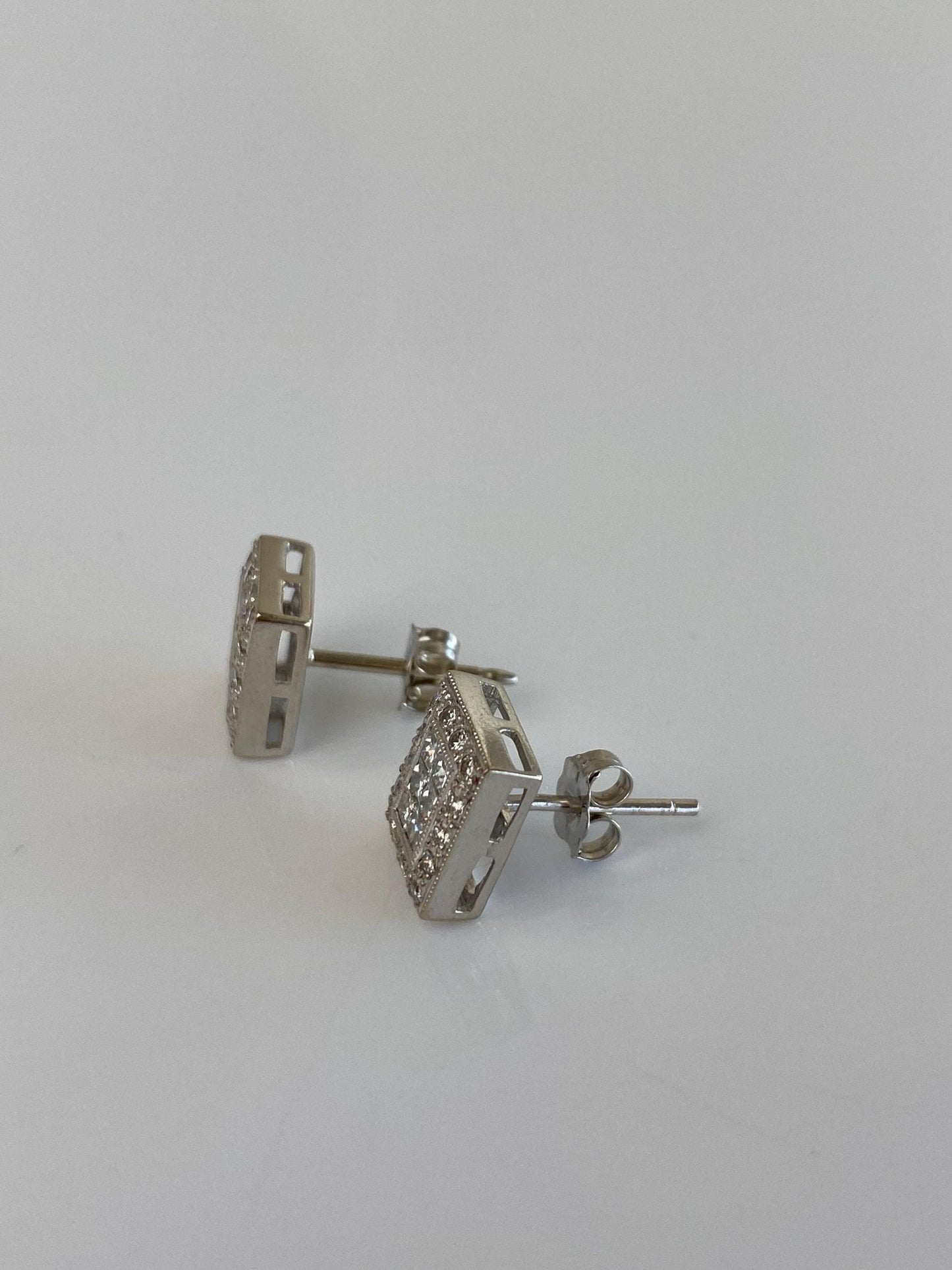 Vintage Solid 18k White Gold Diamond Square Stud Earrings