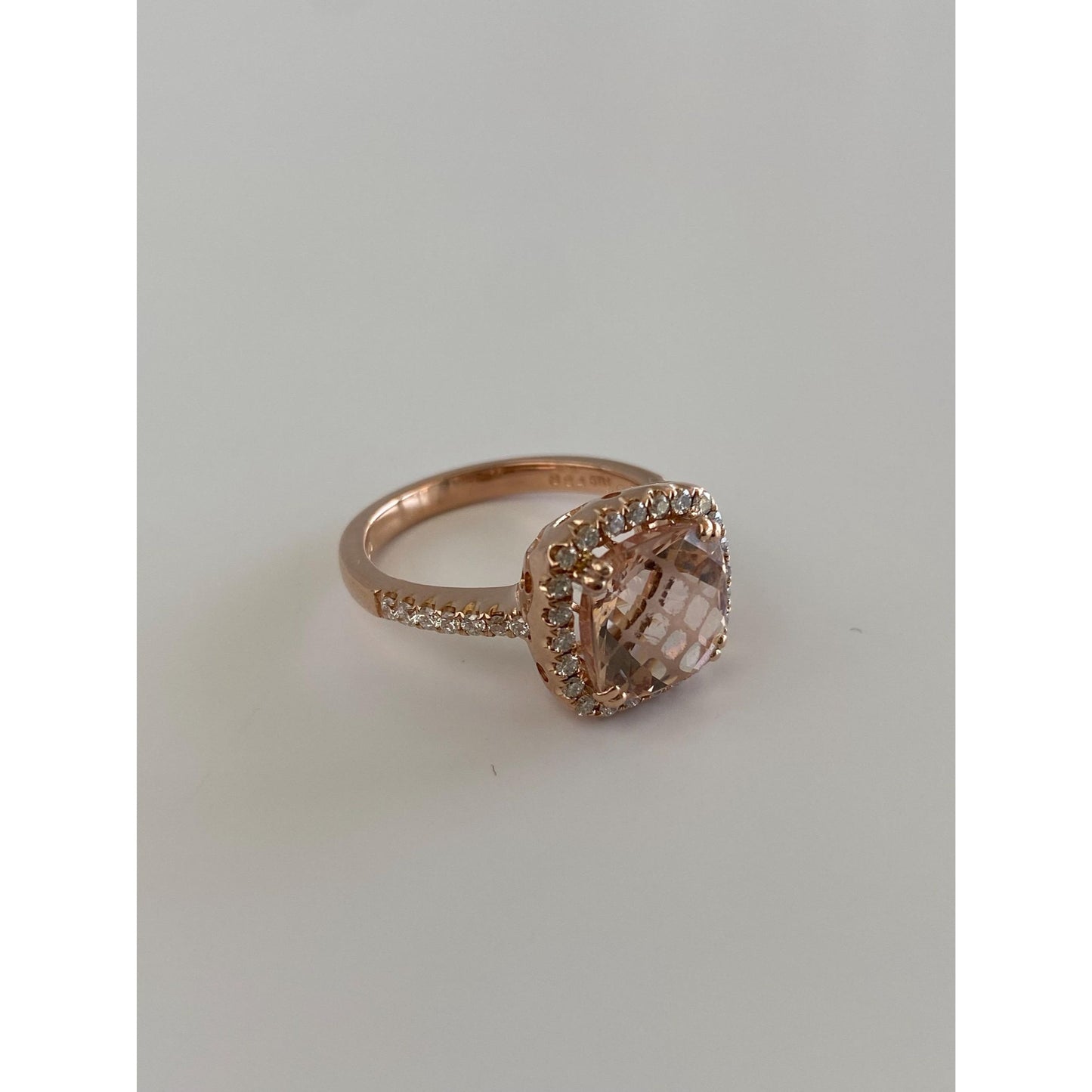 Vintage Solid 14k Rose Gold Diamond Halo Pink Quartz Ring - Size 7