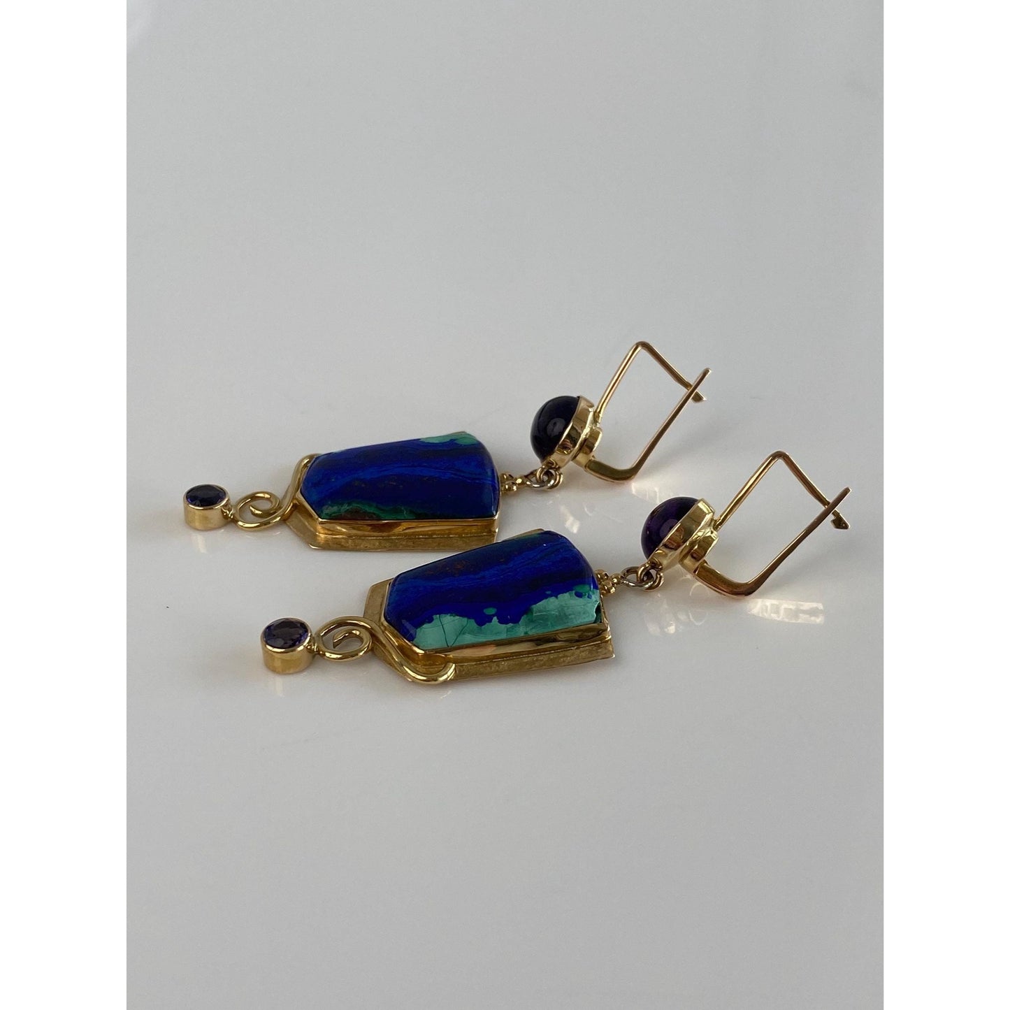 Vintage Solid 14k Yellow Gold Amethyst Chrysocolla Azurite Dangle Earrings