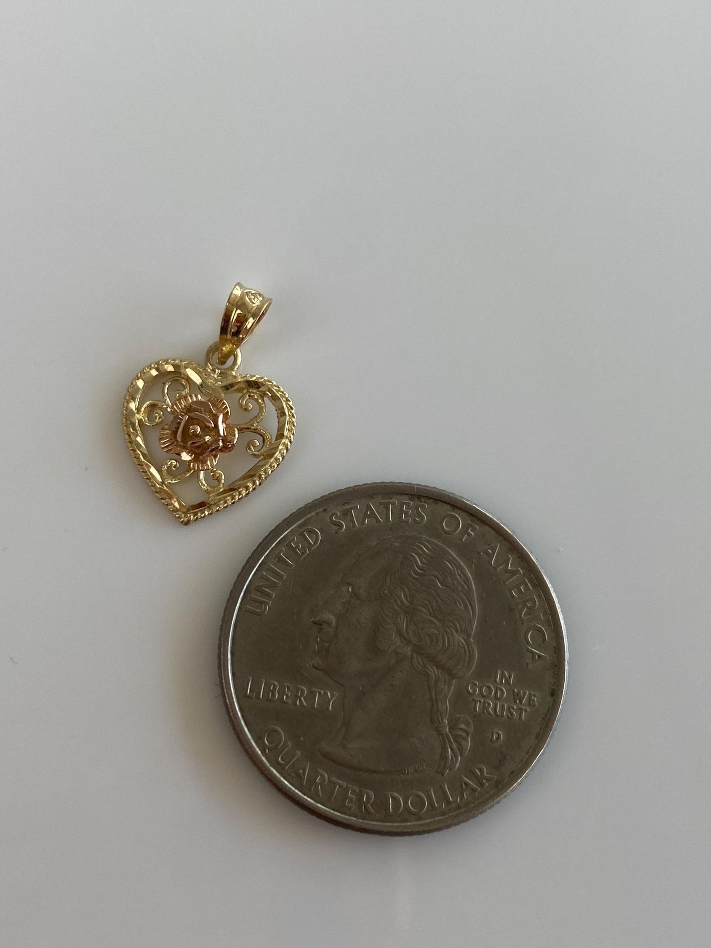 Vintage Solid 14k Rose & Yellow Gold Diamond Cut Open Work Rose Heart Charm
