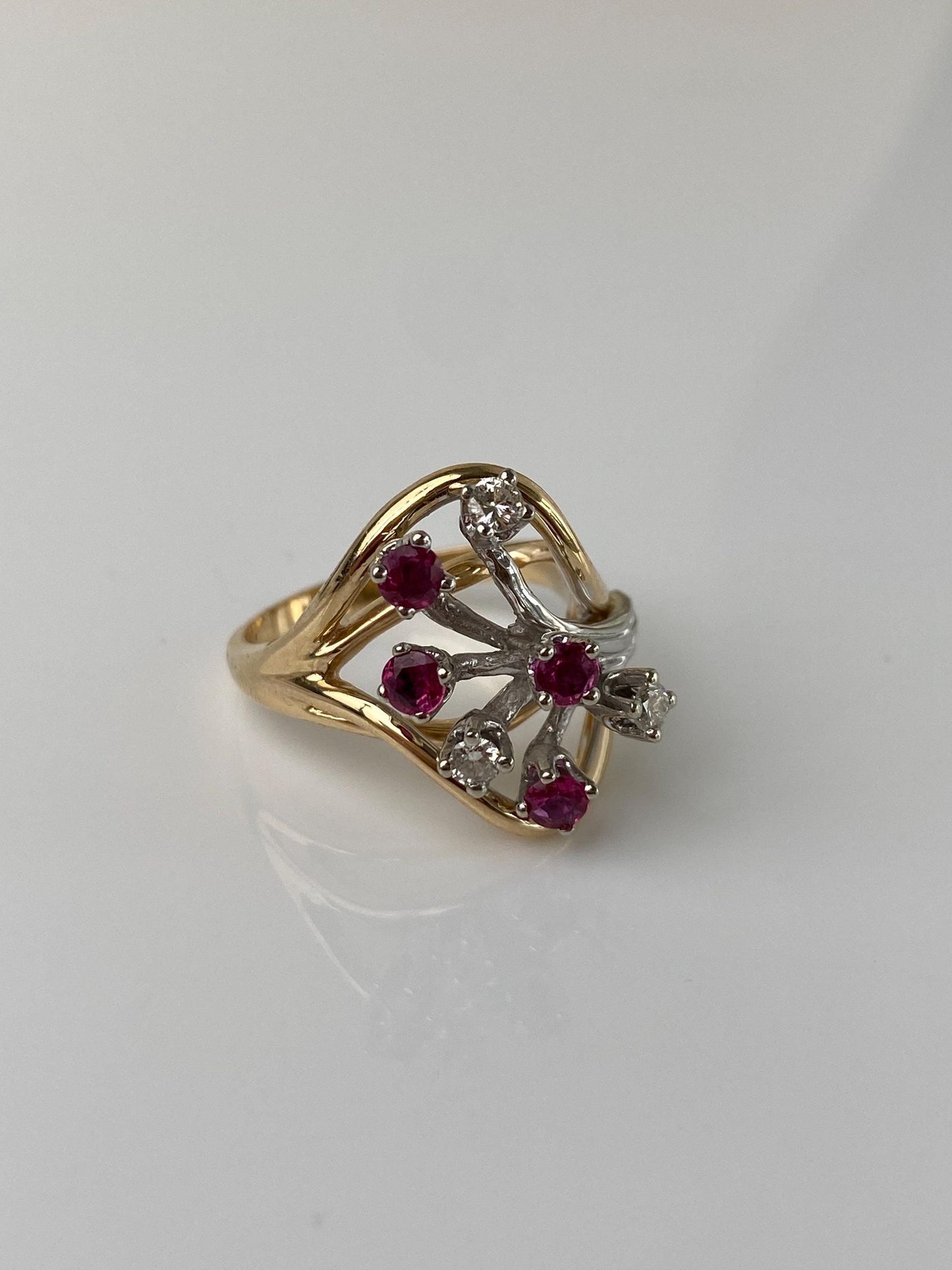 Vintage Solid 14k White & Yellow Gold Diamond Pink Sapphire Ring - Size 6