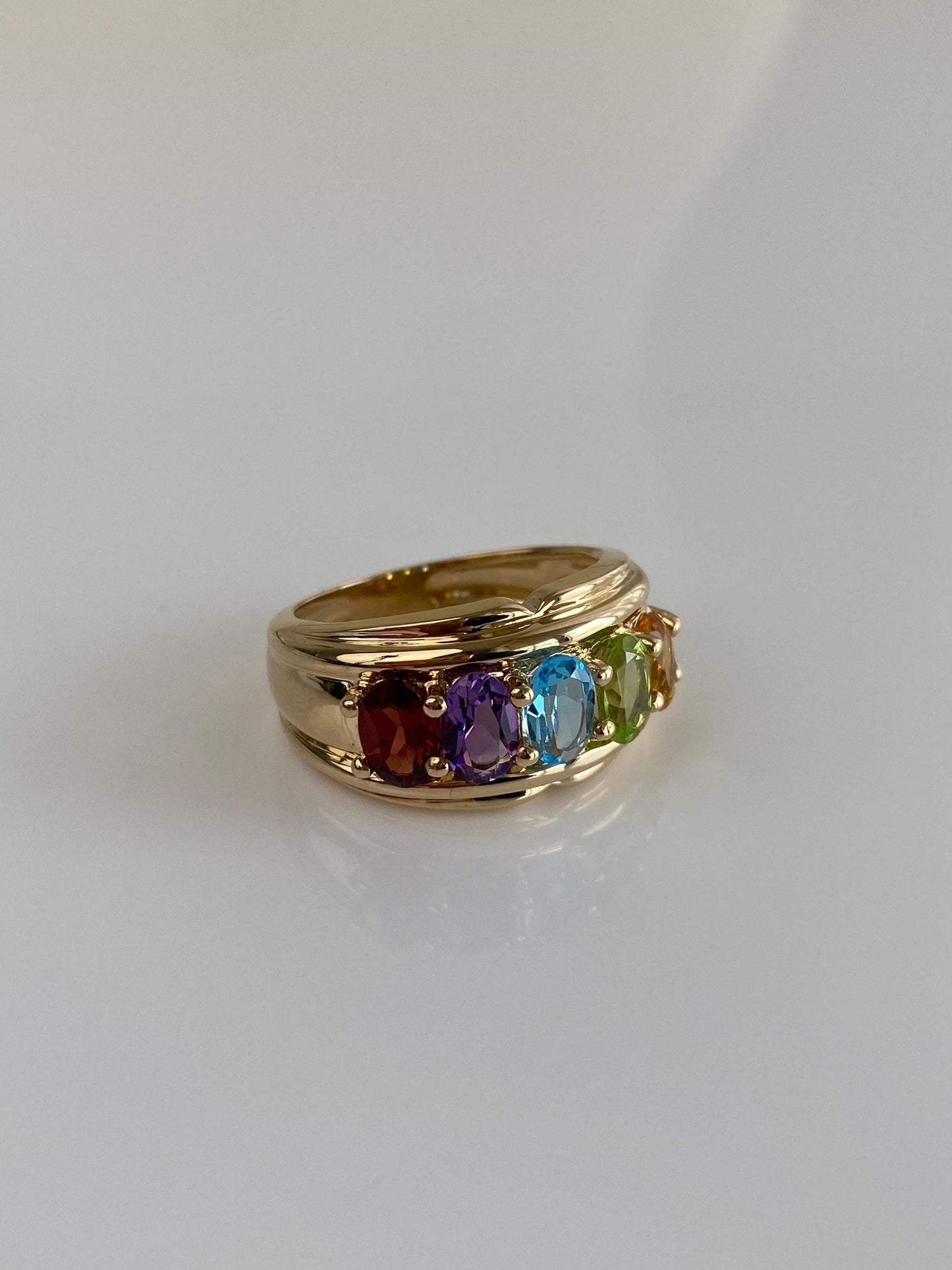 Vintage Solid 14k Yellow Gold Amethyst Topaz Citrine Green Tourmaline Garnet Ring Band - Size 6.75