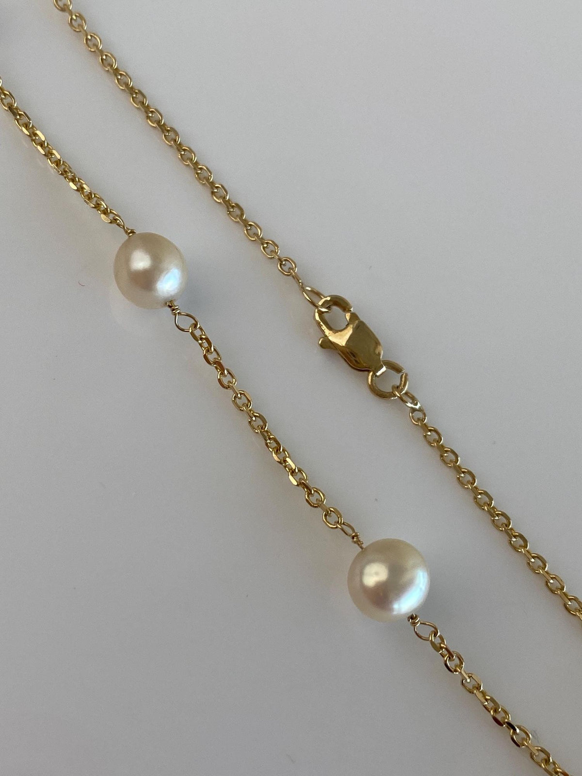 Vintage Solid 14k Yellow Gold Pearls Cable Link Chain Necklace - 18.5 inches