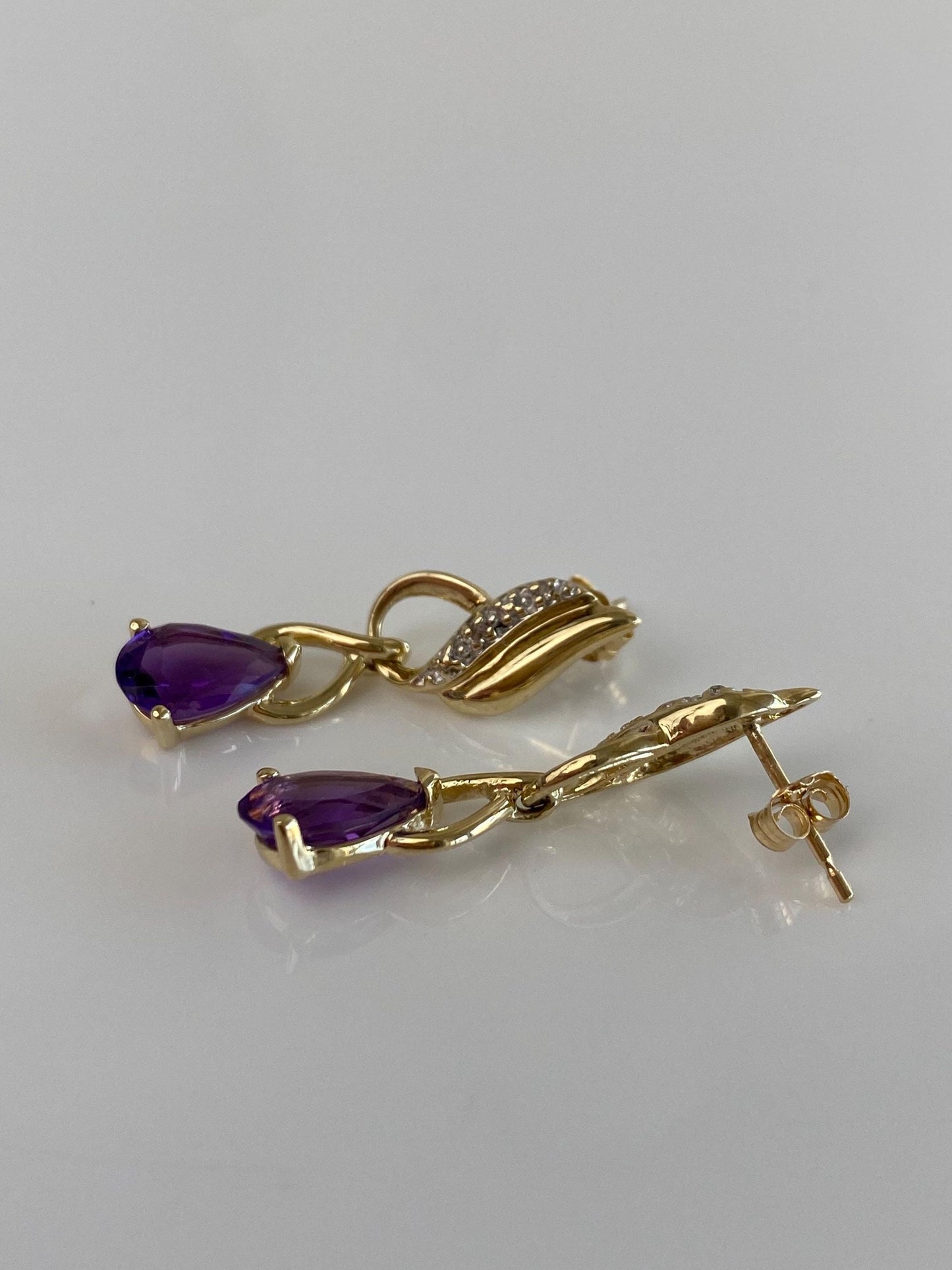 Vintage Solid 14k Yellow Gold Amethyst Diamond Dangle Stud Earrings