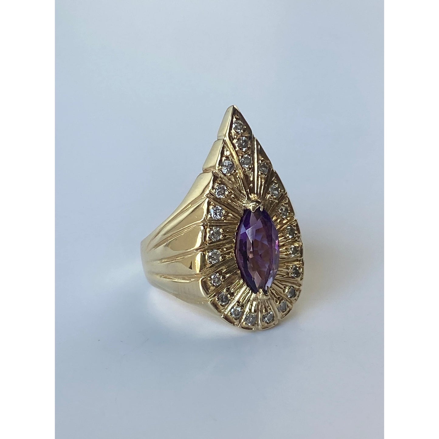 Vintage Solid 14k Yellow Gold Amethyst Diamond Halo Ring - Size 4