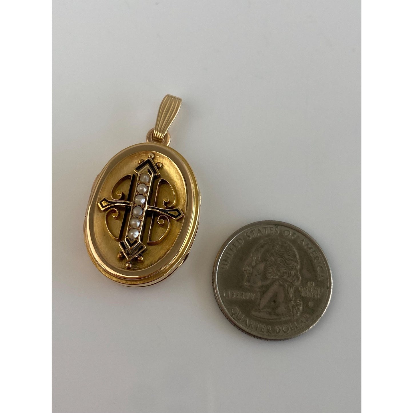 Vintage Solid 20k Yellow Gold Seed Pearls Enamel Locket Charm