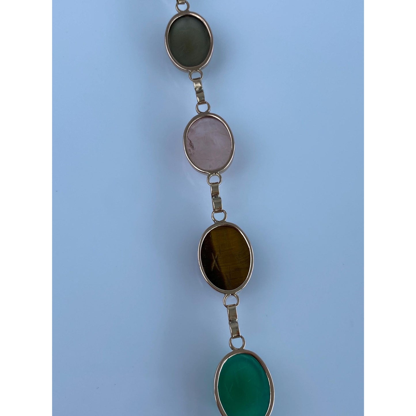 Solid 14k Yellow Gold Lapis Smokey Quartz Rose Quartz Tigers Eye Green Chalcedony Citrine Scarab Bracelet - 7.5 inches