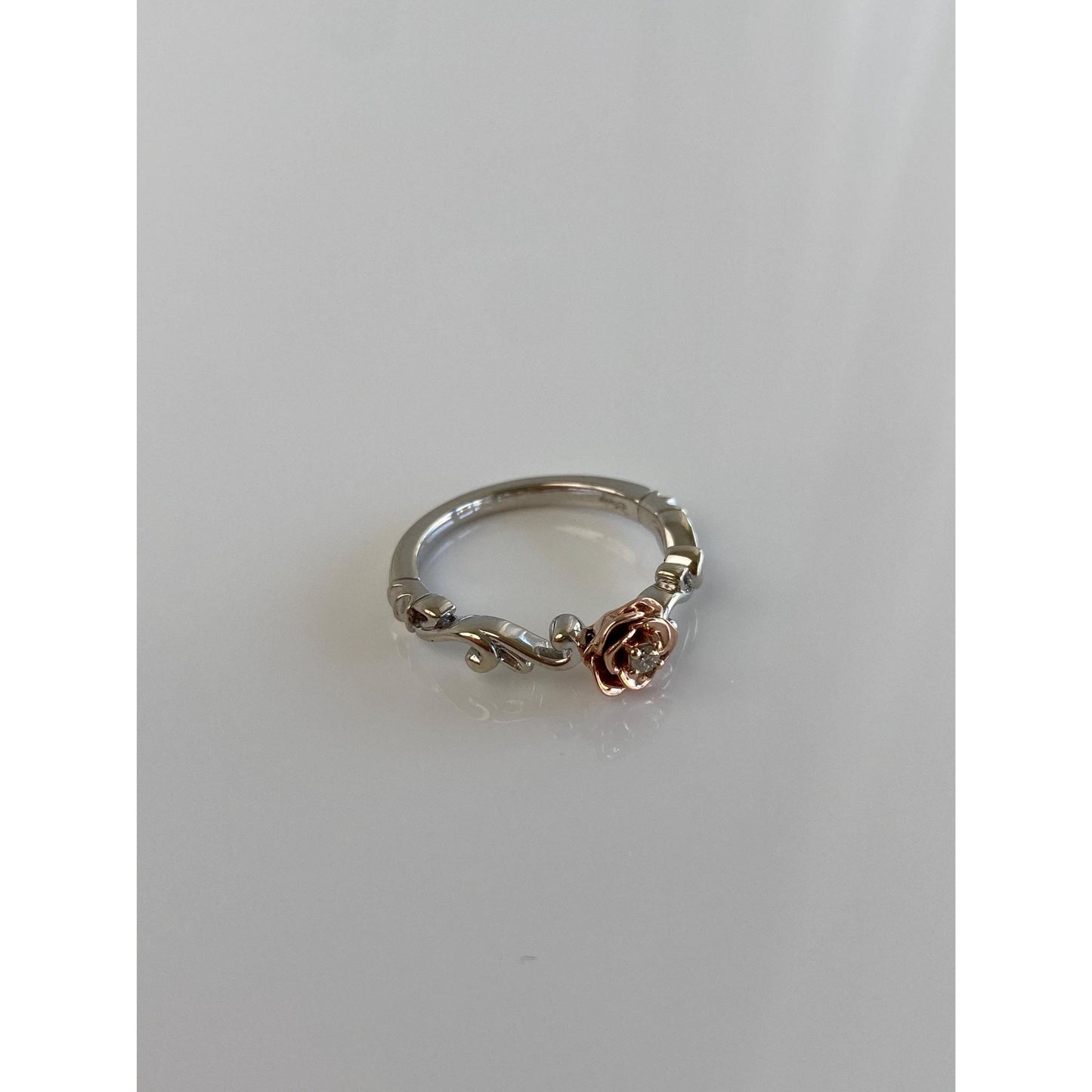 Vintage Solid 10k White & Rose Gold Diamond Rose Branch Ring - Size 6.75