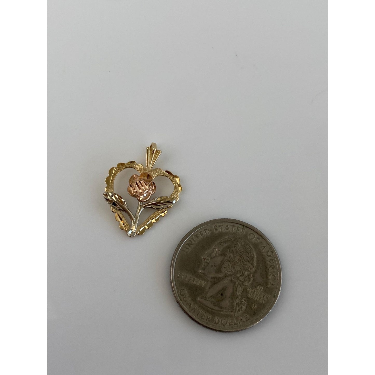 Solid 14k Tri Tone Gold Diamond Cut Flower Heart Charm