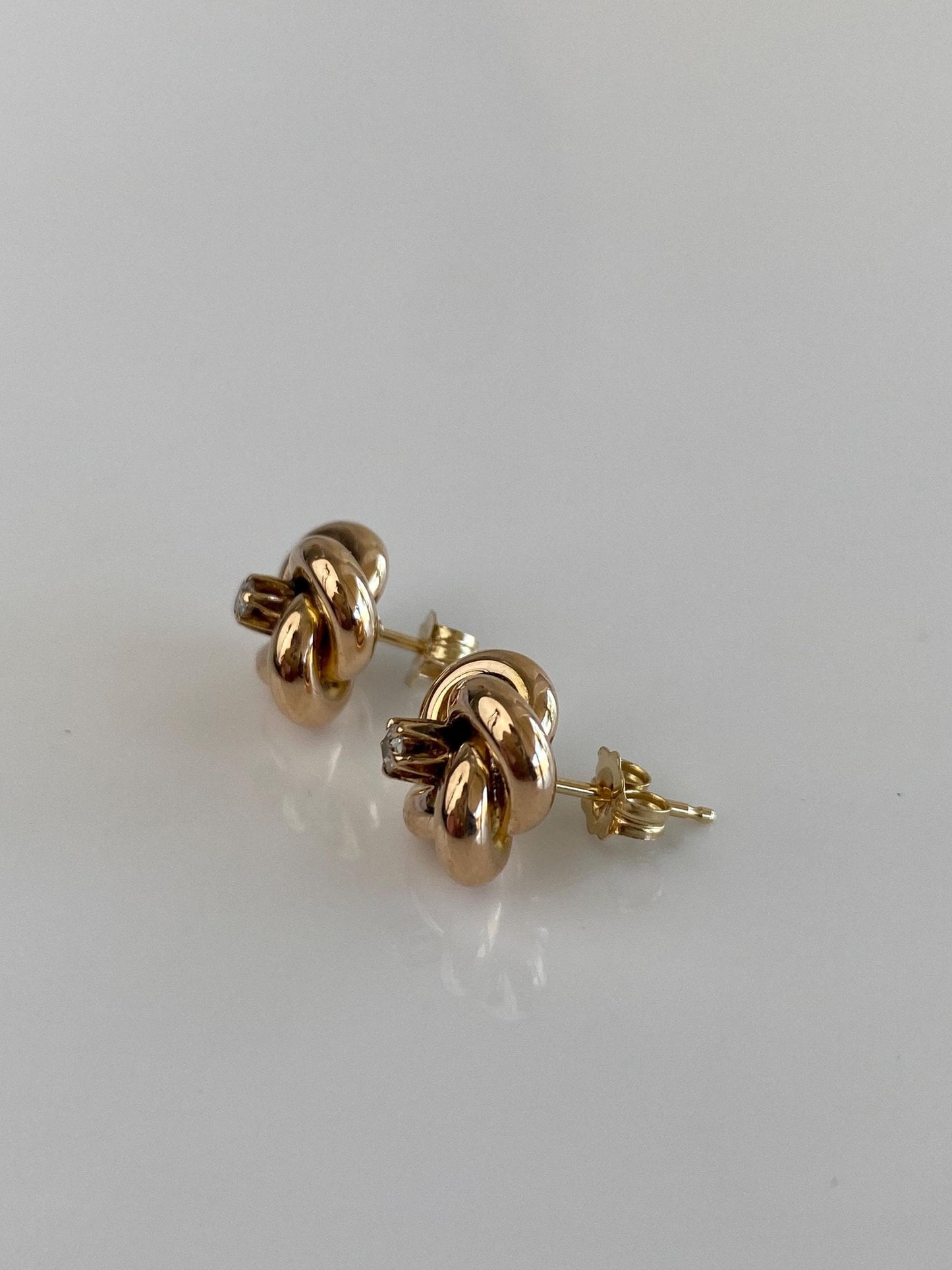 Vintage 10k Yellow Gold Old Mine Cut Diamond Knot Stud Earrings
