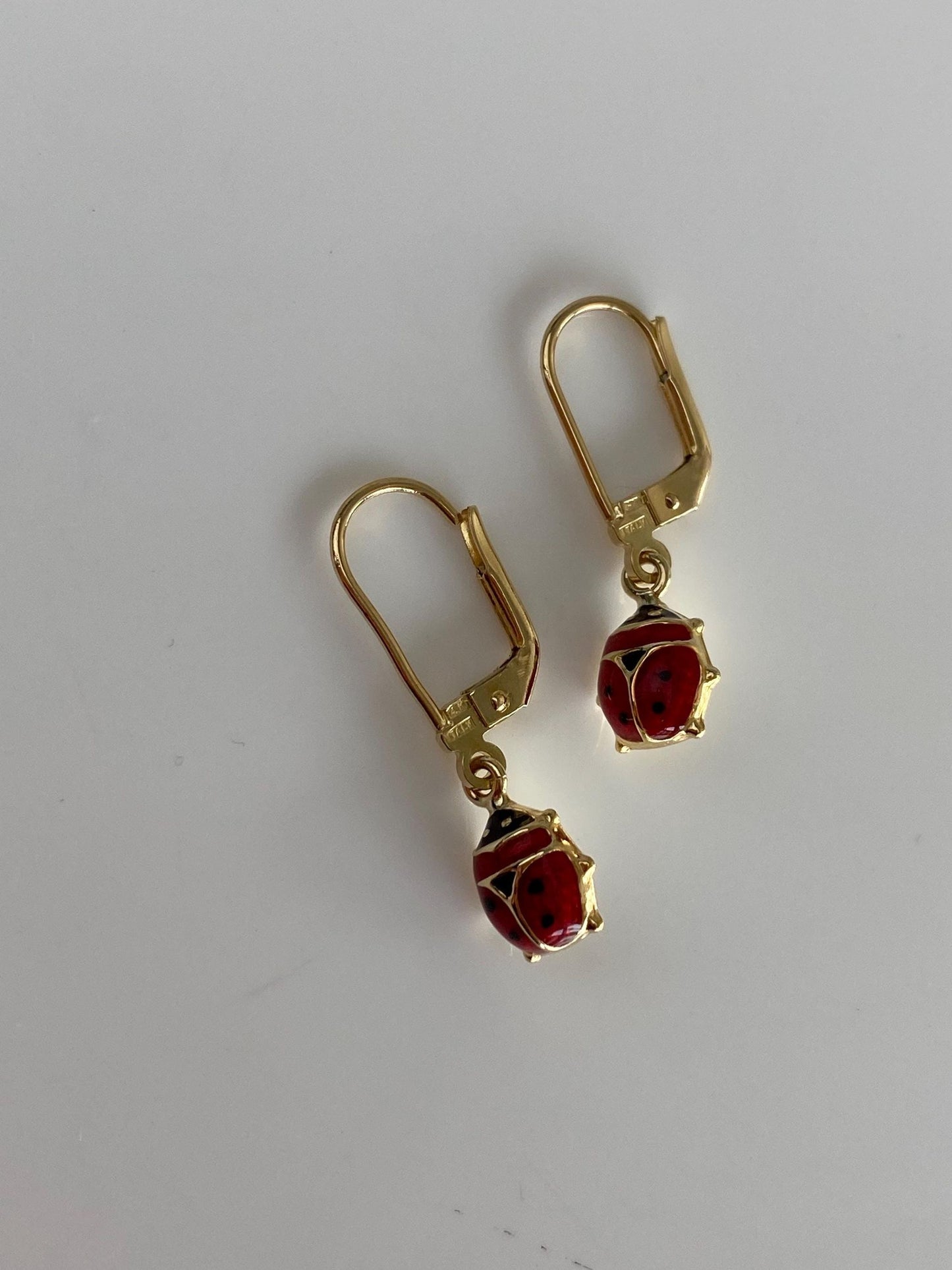 Vintage 14k Yellow Gold Enamel Lady Bug Dangle Earrings