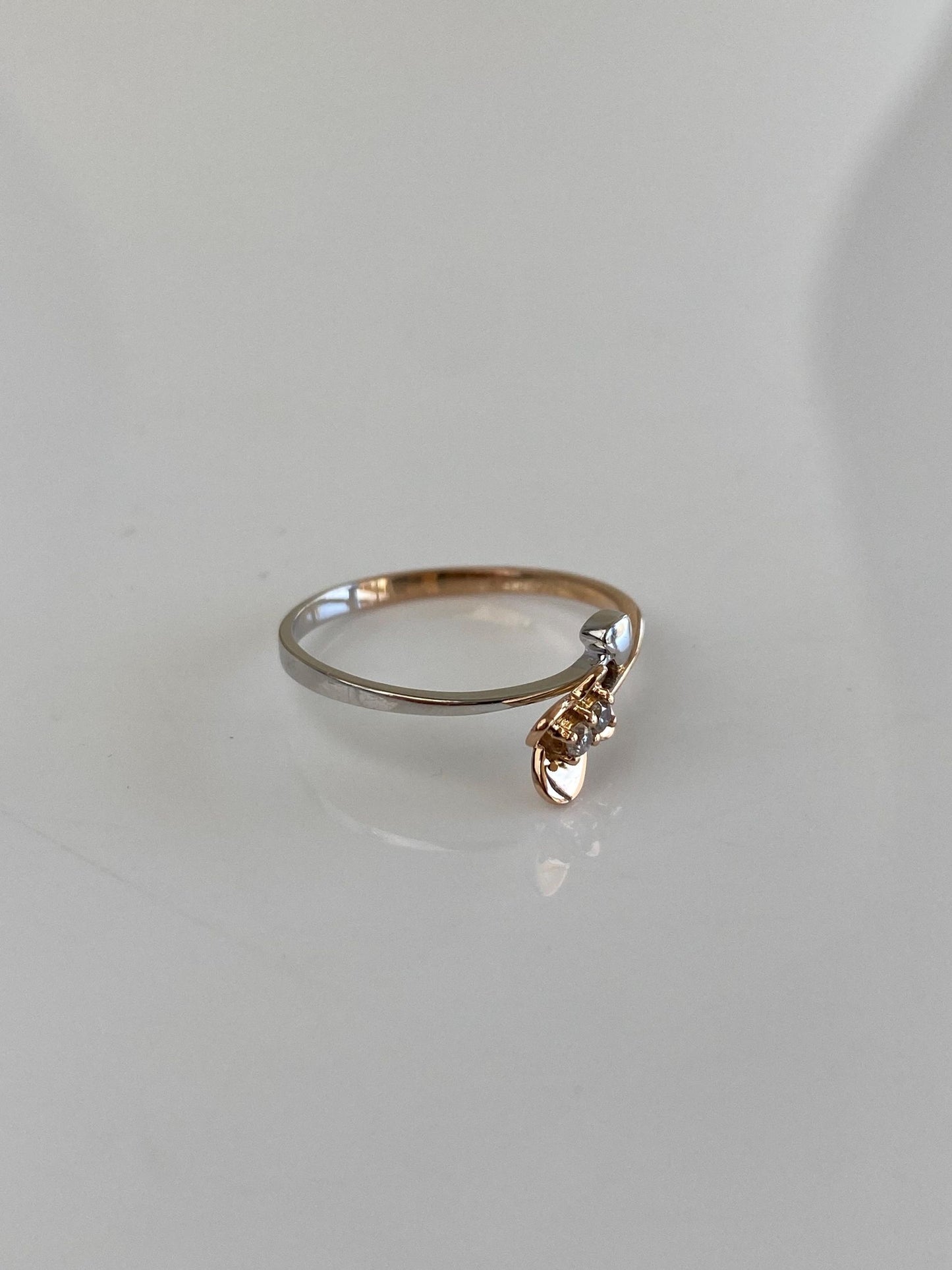 Vintage Solid 18k Rose & White Gold Diamond Butterfly Heart Ring - Size 5.5
