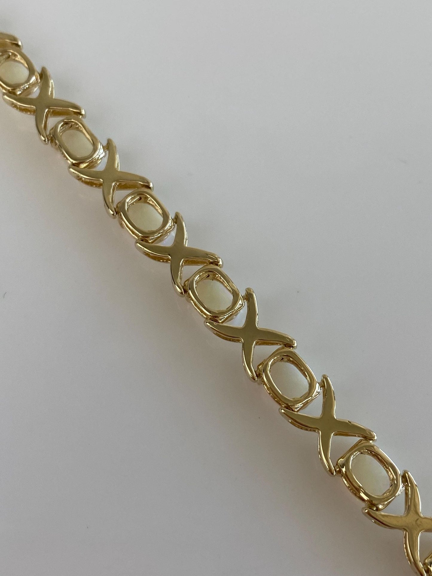 Vintage Solid 14k Yellow Gold Opal XO Link Bracelet - 6.75 inches