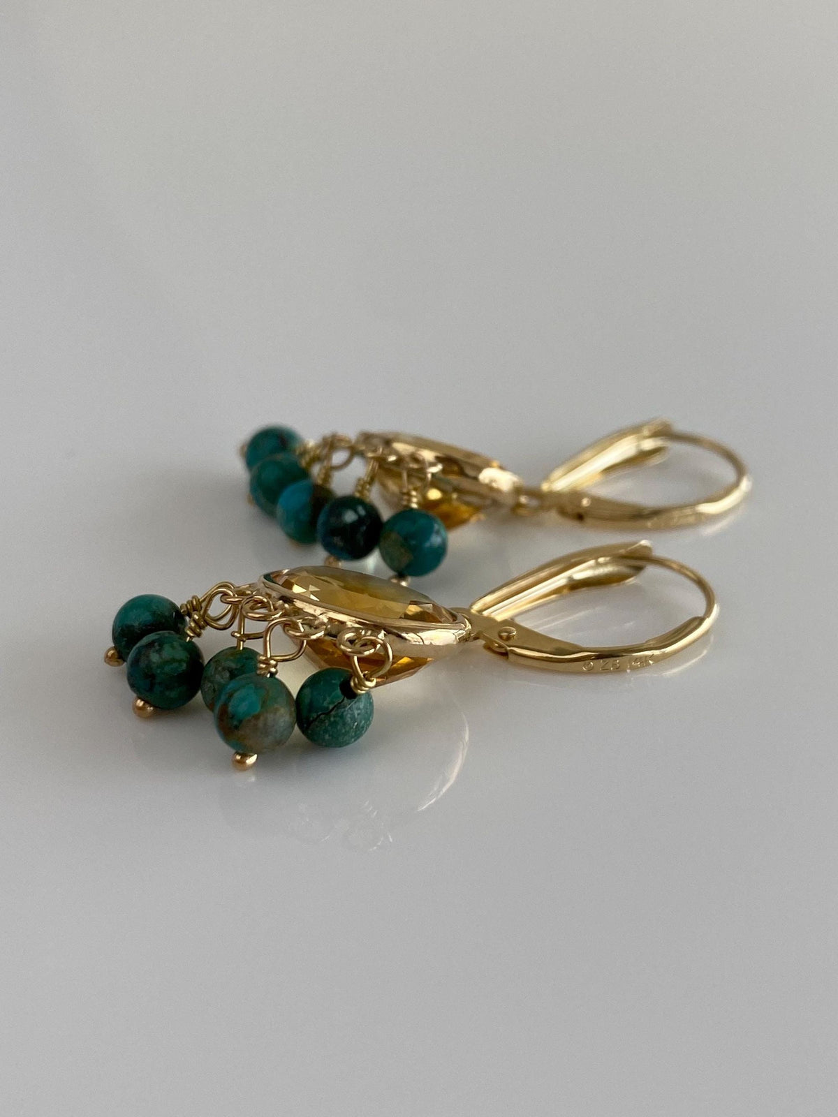 Vintage Solid 14k Yellow Gold Citrine Turquoise Fringe Dangle Earrings