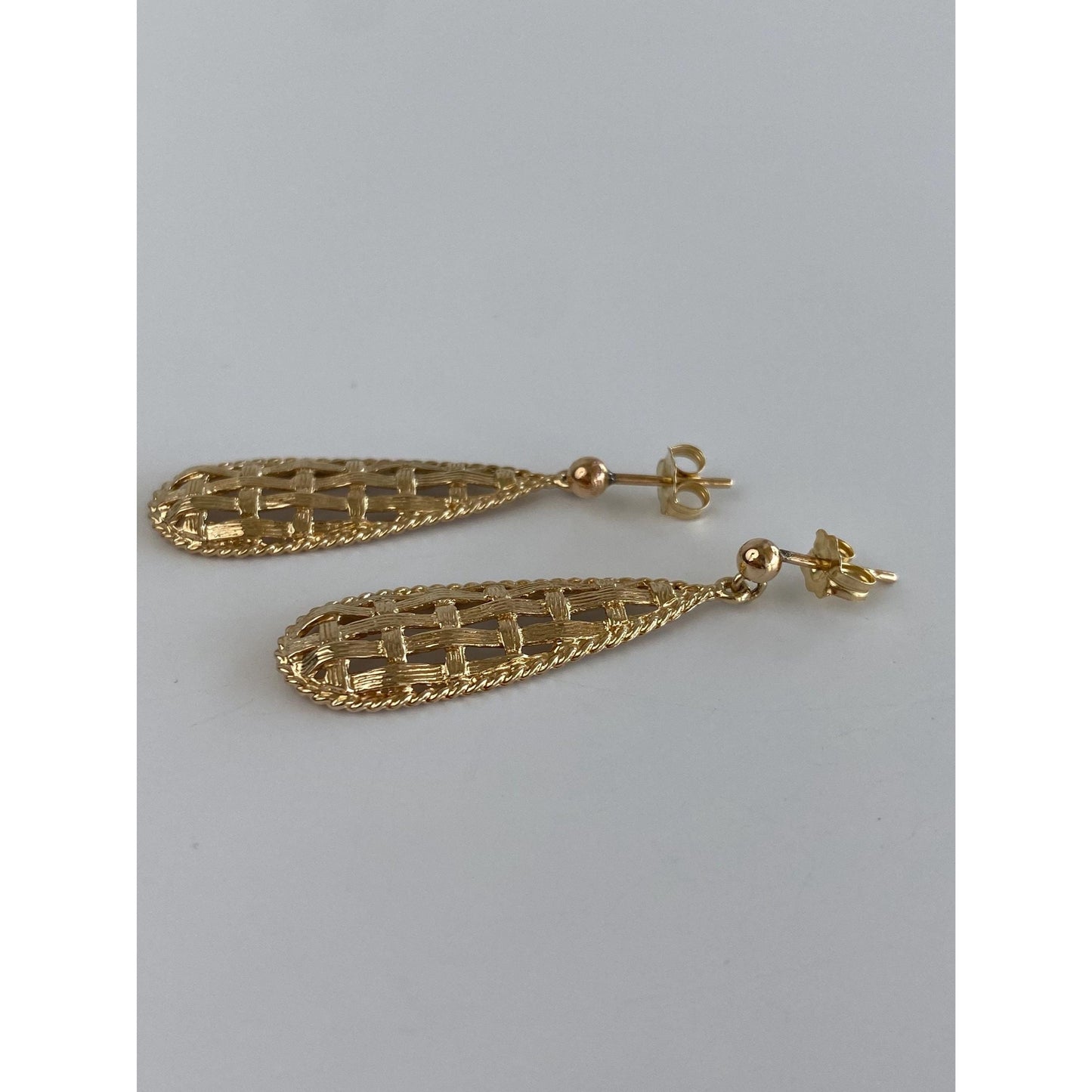 Solid 14k Yellow Gold Basketweave Dangle Stud Earrings - Fine Estate Jewelry - Real Genuine Gold