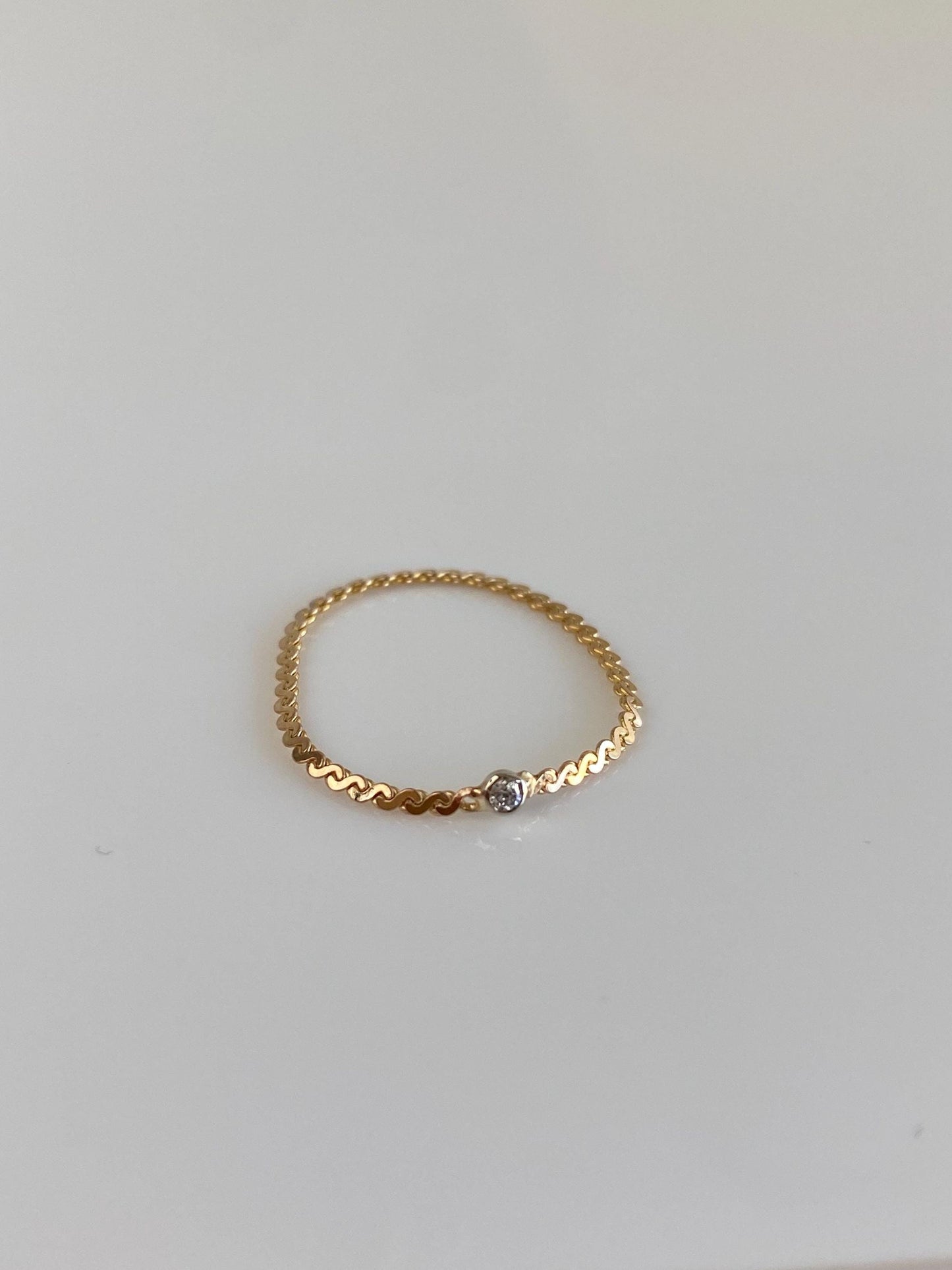 Vintage Solid 14k White & Yellow Gold Clear Spinel Serpentine Chain Ring - Size 8