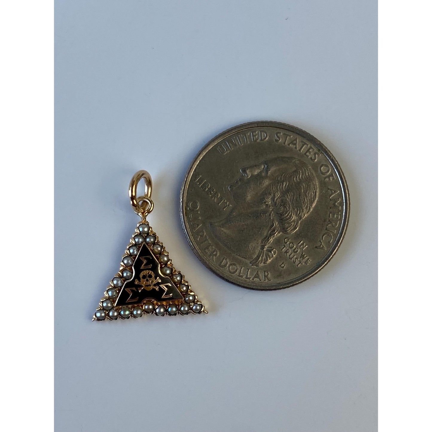 Vintage Solid 10k Yellow Gold Black Enamel Seed Pearl Fraternity Triangle Charm
