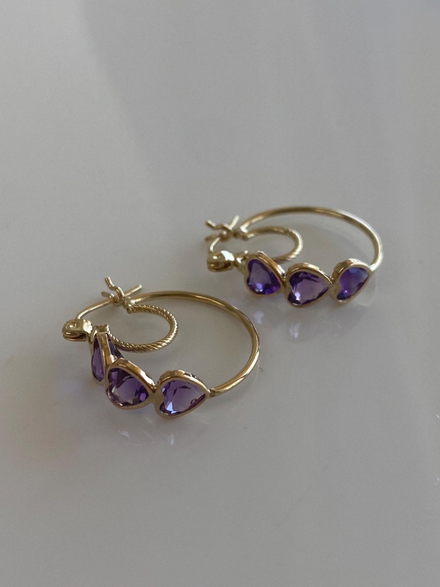 Vintage 10k Yellow Gold Amethyst Hearts Hoop Earrings