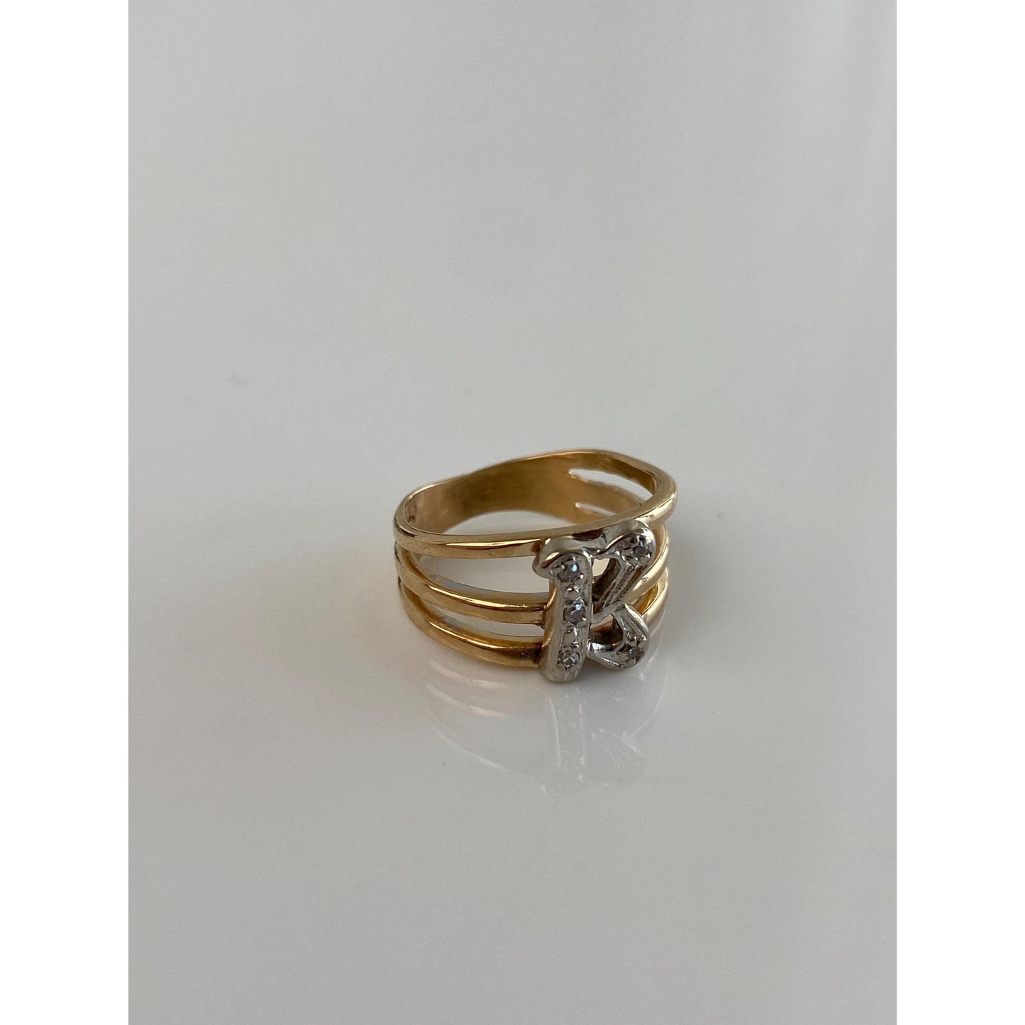 Vintage Solid 14k White & Yellow Gold Diamond Initial 'B' Ring - Size 3.75