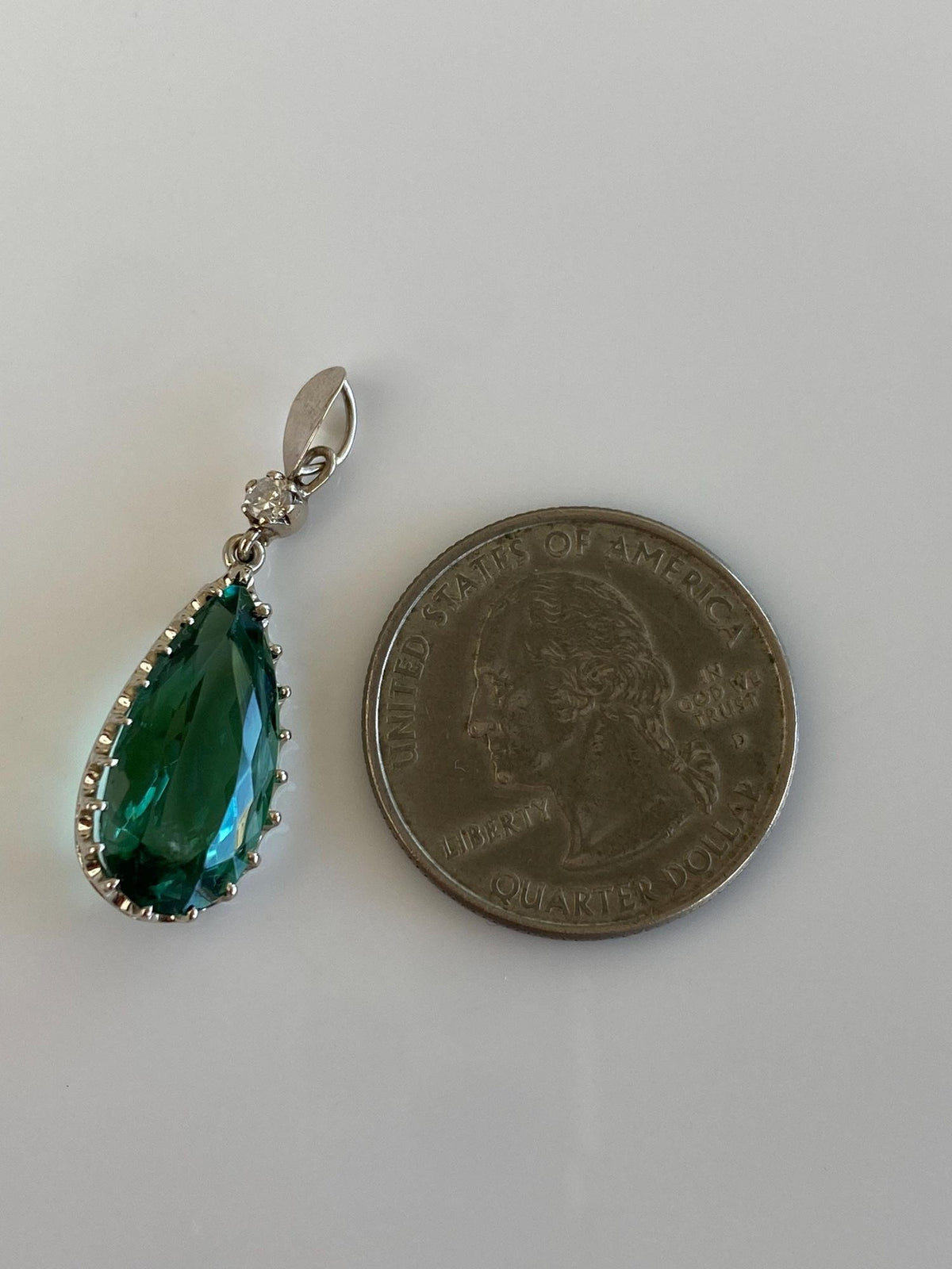 Vintage Solid 14k White Gold Diamond Green Tourmaline Teardrop Charm