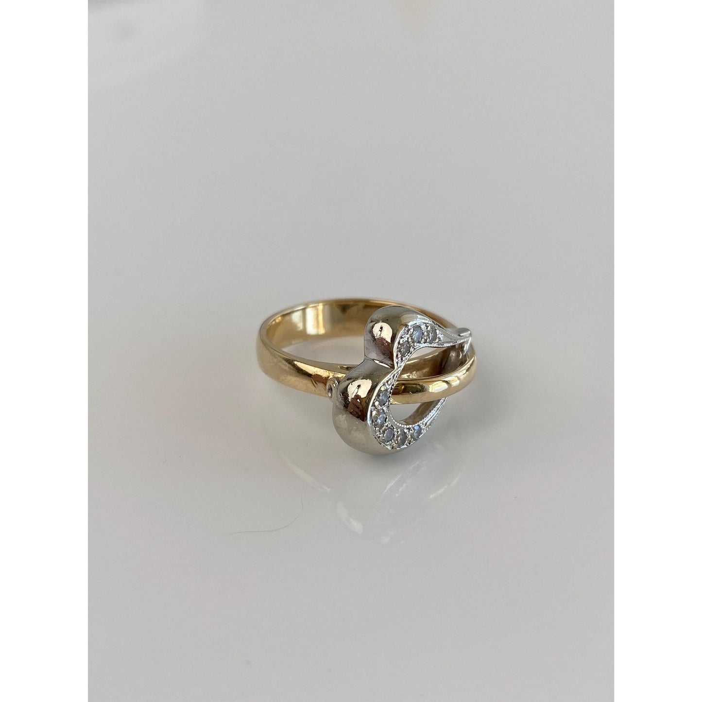 Vintage Solid 14k White & Yellow Gold Diamond Heart Buckle Ring - Size 6.5