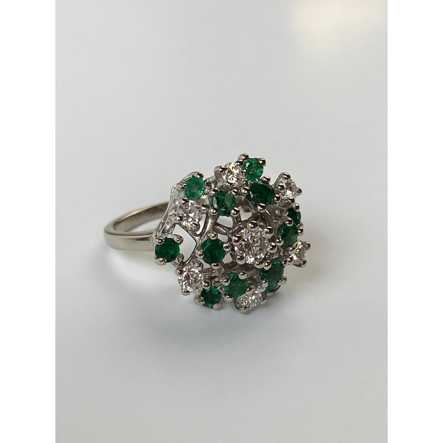 Vintage Solid 14k White Gold Diamond Emerald Cluster Cocktail Ring - Size 4