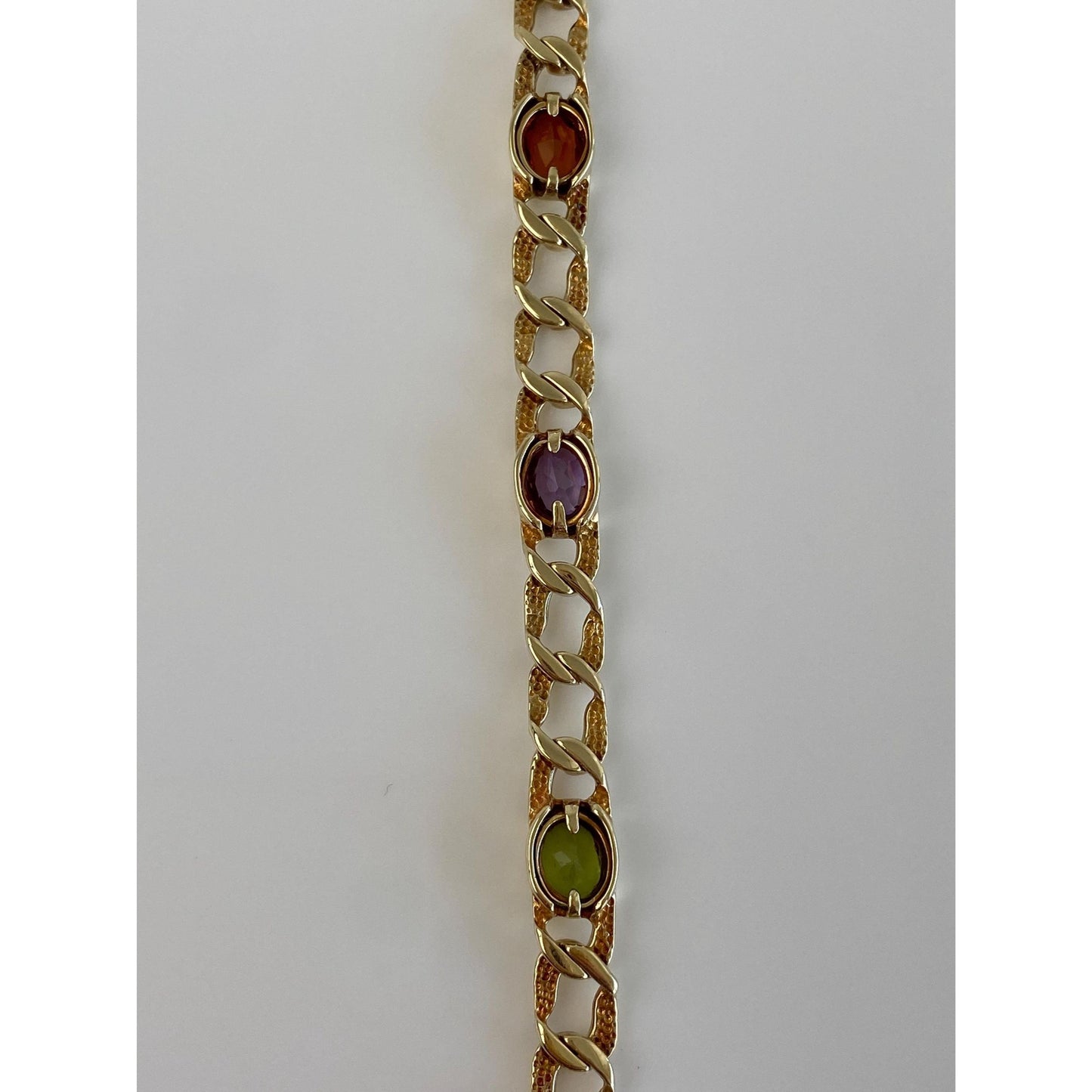 Solid 14k Yellow Gold Citrine Amethyst Peridot Flat Curb Chain Bracelet - 7 Inches
