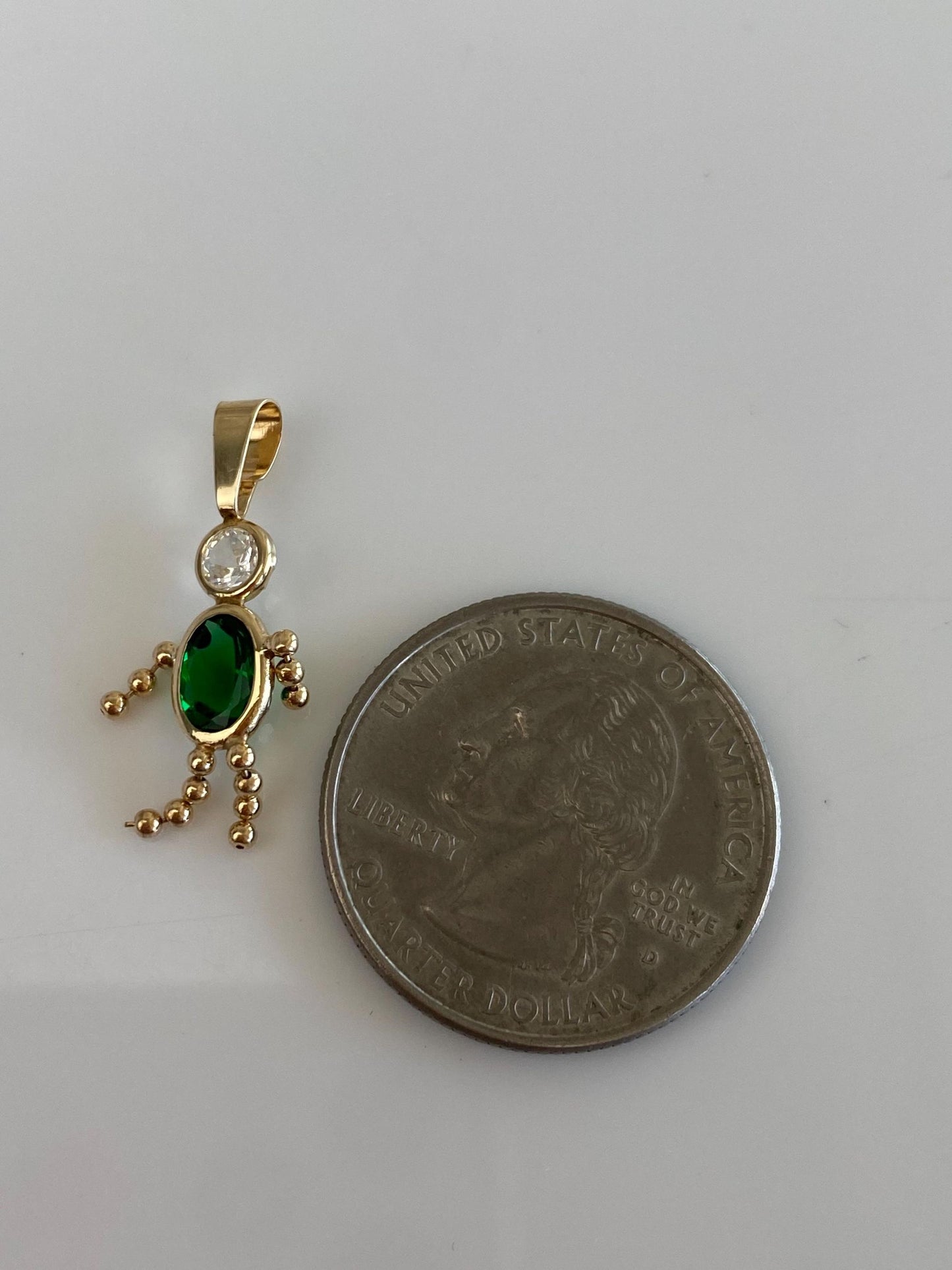 Vintage Solid 14k Yellow Gold Green & Clear Cubic Zirconia Boy Charm