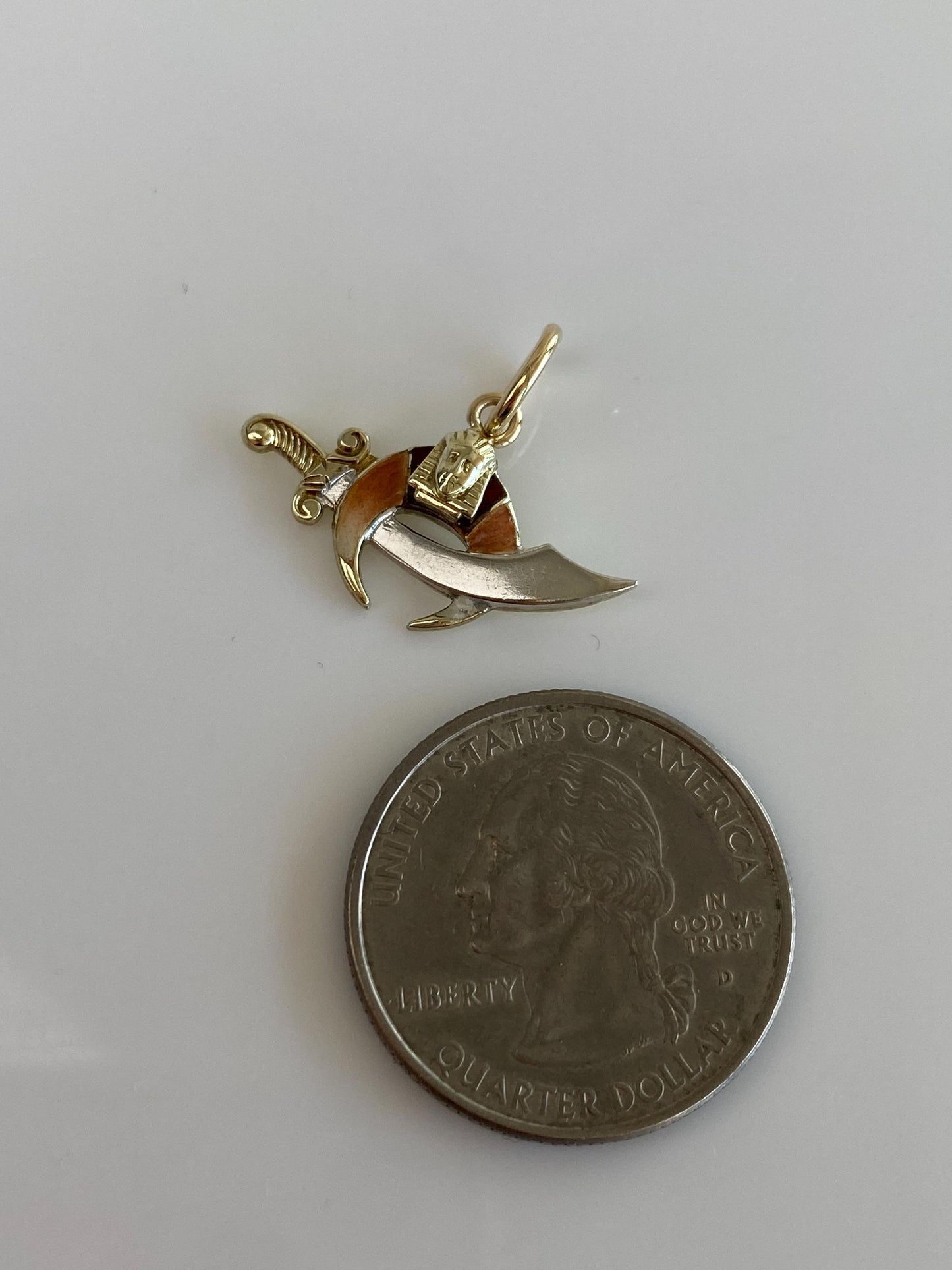Vintage Solid 14k White & Yellow Gold Enamel Sword Egyptian Freemason Charm